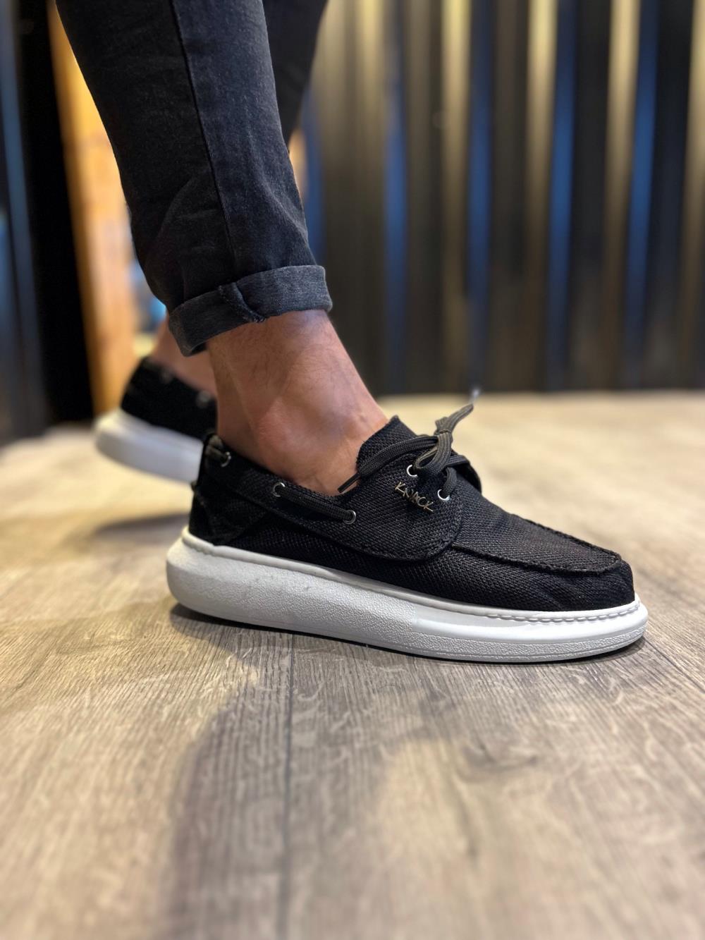 Men's High-Sole Seasonal Linen Shoes 009 Black (White Sole) - STREETMODE™