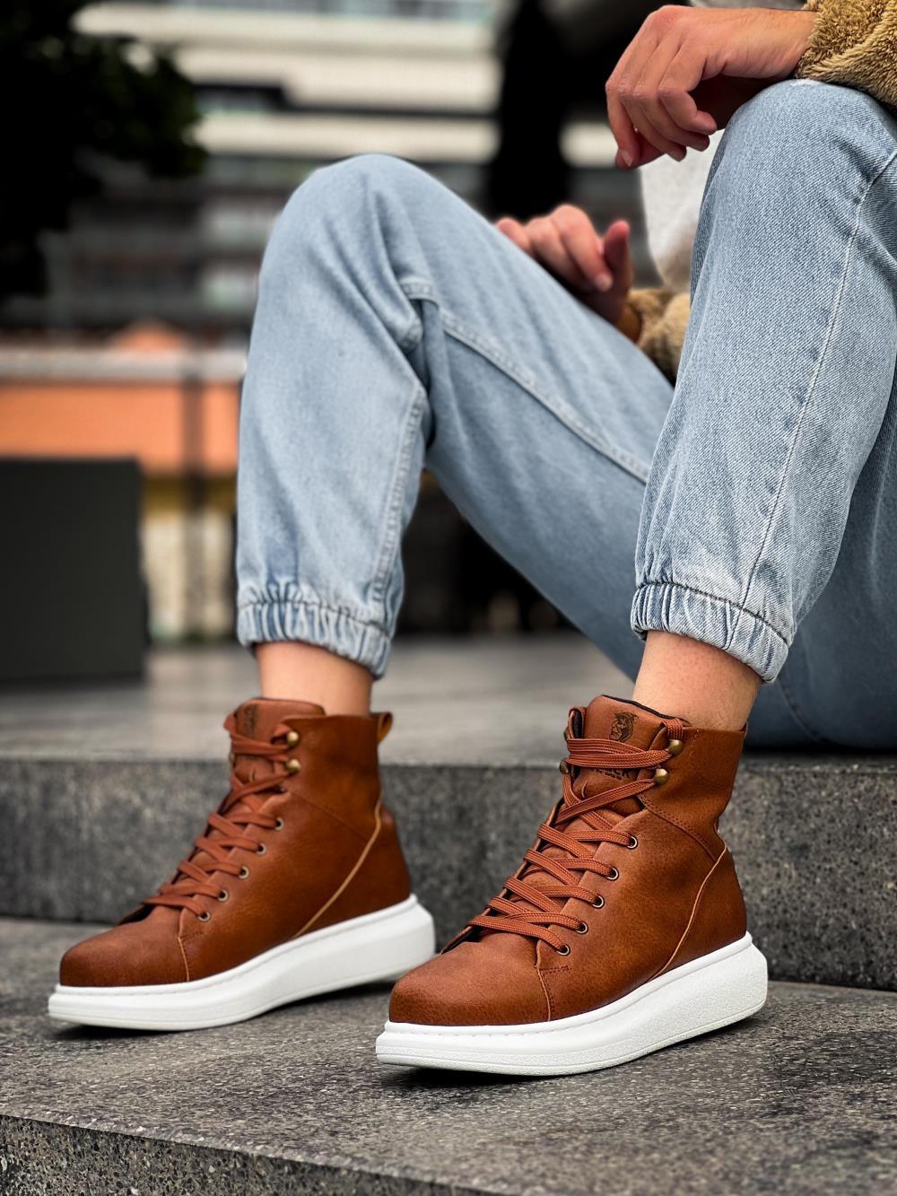 Men's High Sole Shoes B-080 Brown - STREETMODE™