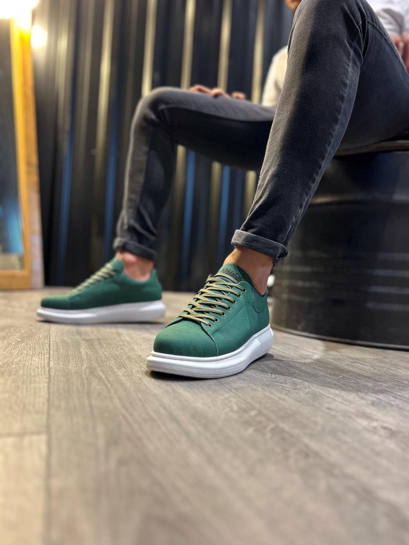 Men's High Sole Sneakers Casual Shoes 045 Green (White Sole) - STREETMODE™