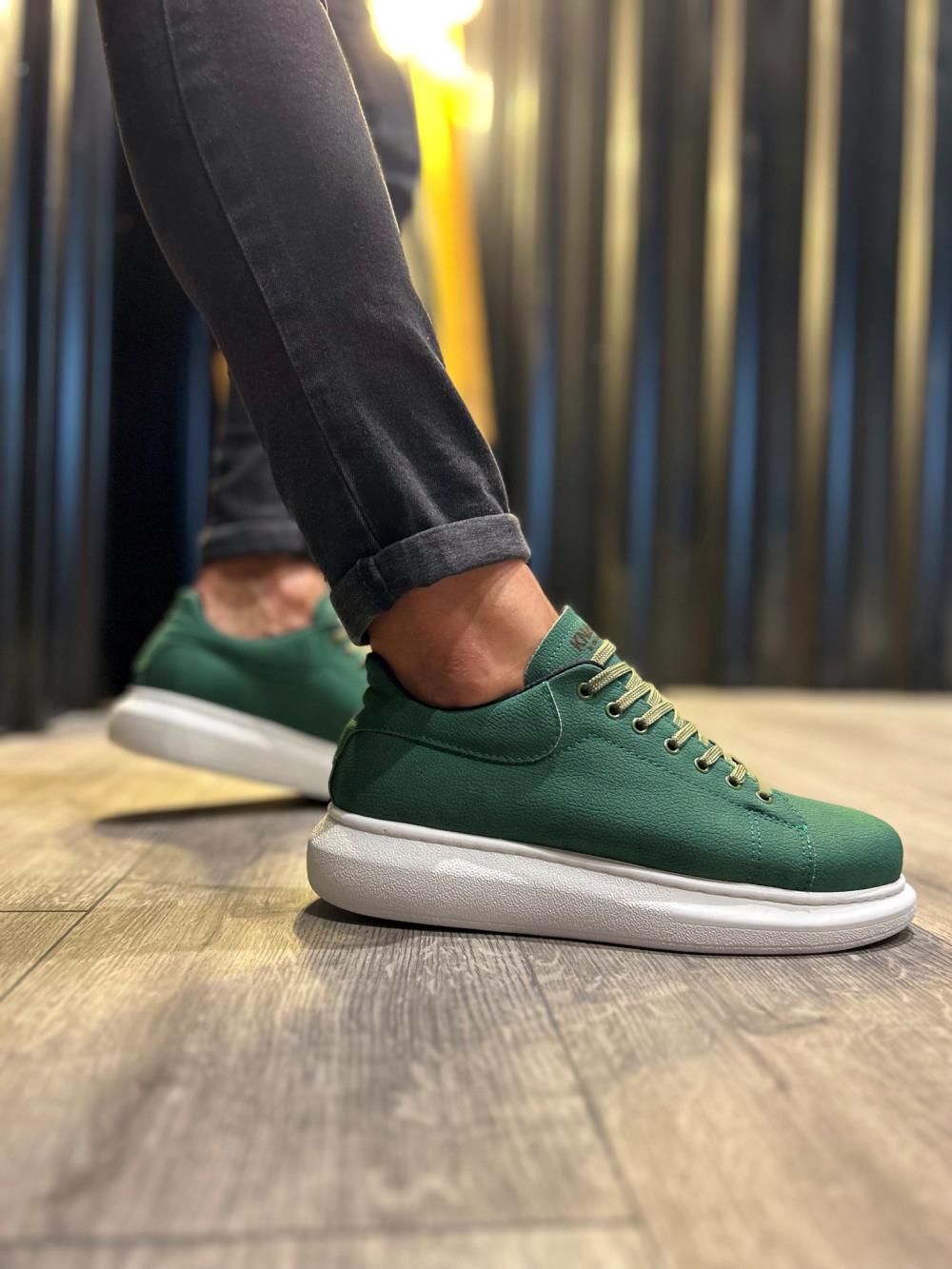 Men's High Sole Sneakers Casual Shoes 045 Green (White Sole) - STREETMODE™