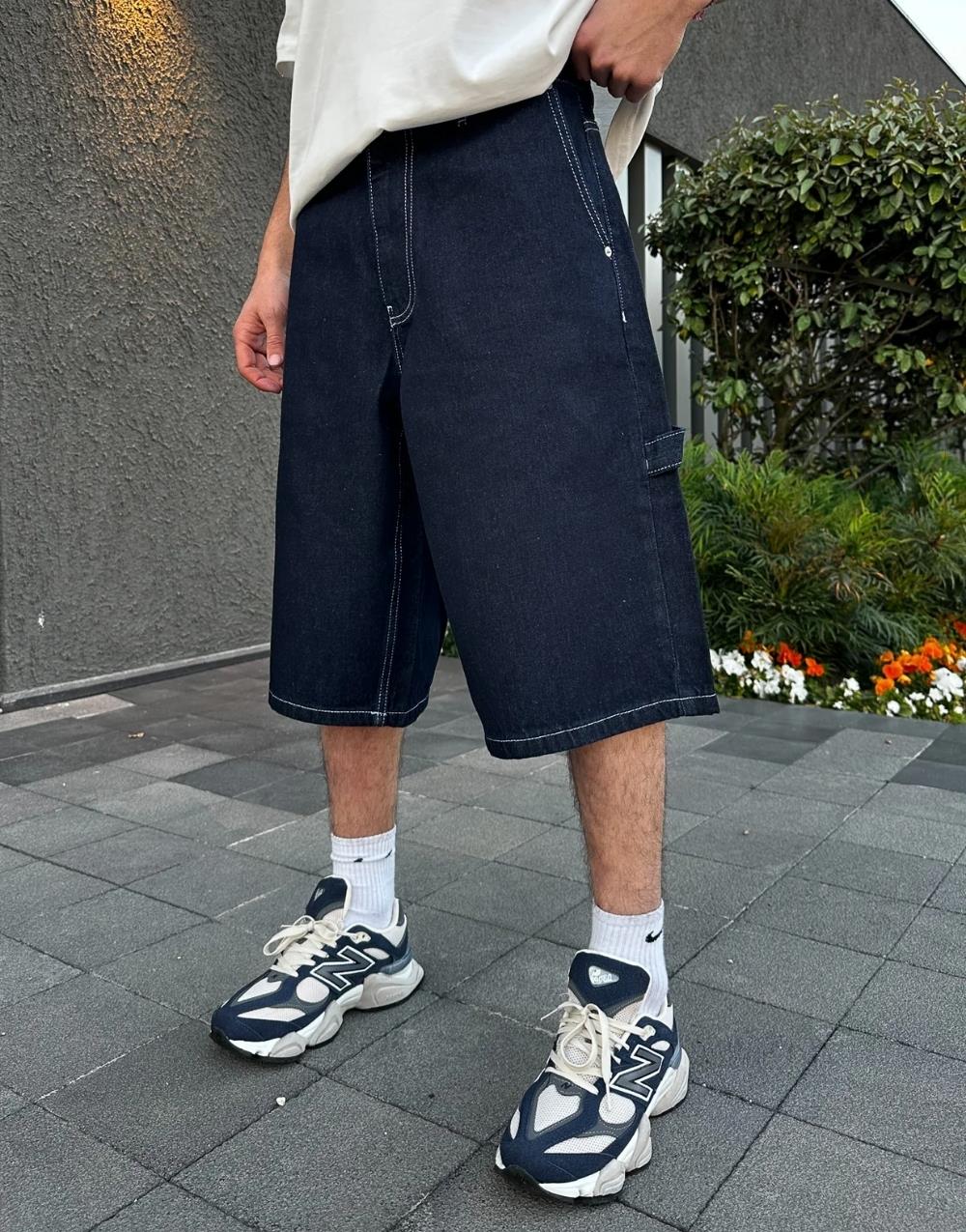 Men's Premium Baggy Long Denim Shorts Black - STREETMODE™
