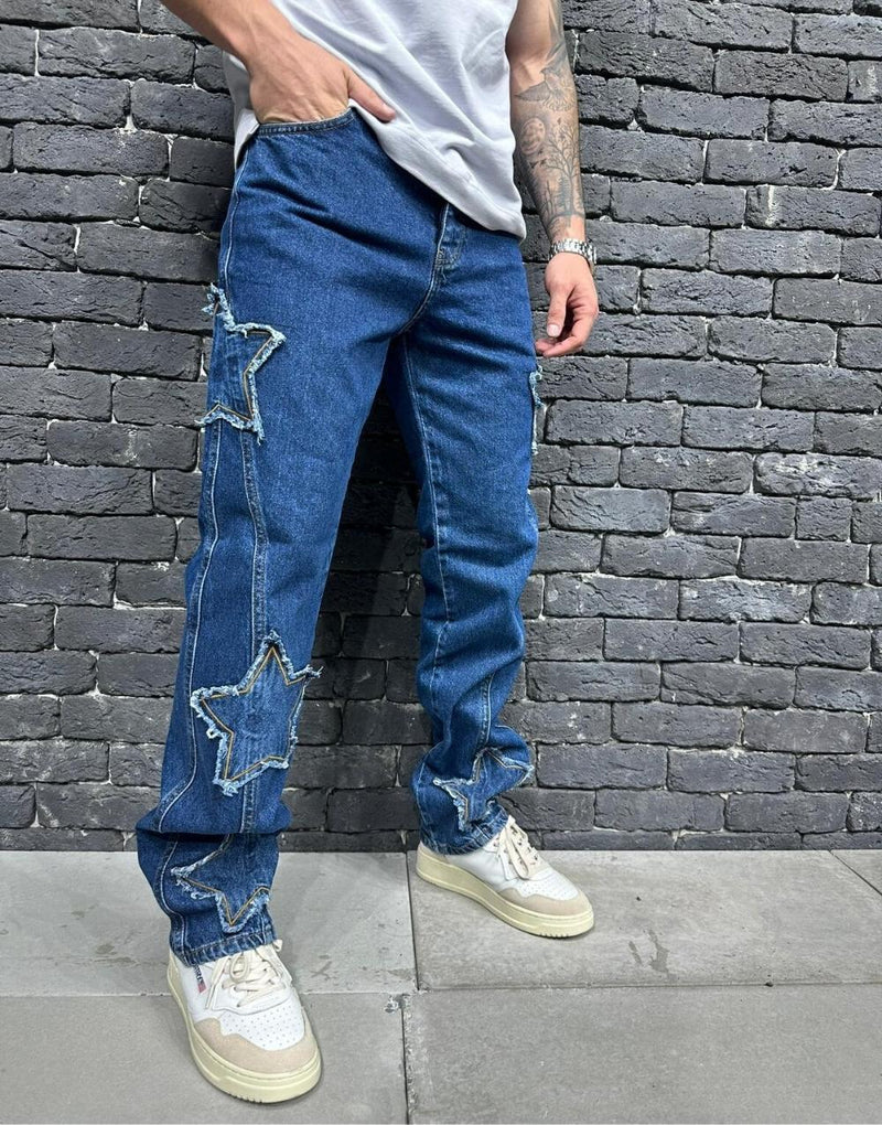 Men's Premium Galaxy Patch Baggy Blue Trousers - STREETMODE™