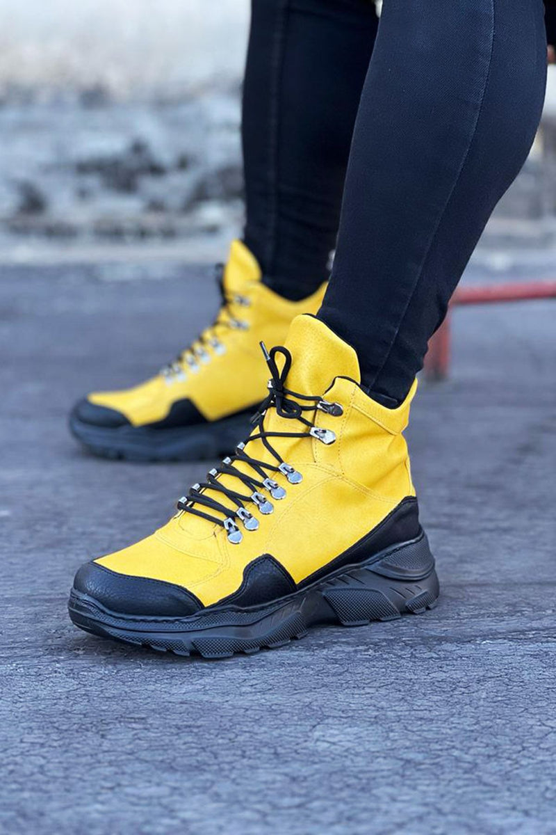 Men's WG07 Yellow-Black Color Long Lace-Up Boots - STREETMODE™