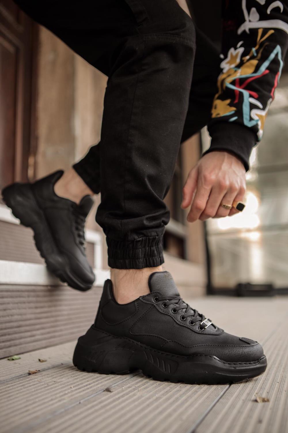 Mens Sneaker High Sole Casual Shoes N75 Full Black - STREETMODE™