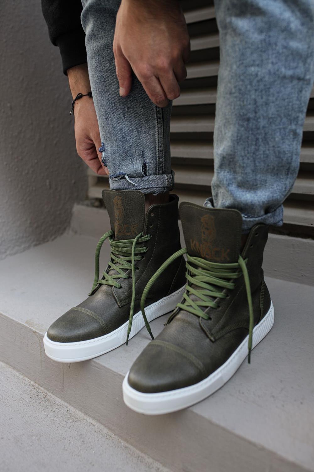 Mens Sneaker Long Sport Military Boots 022 Khaki - STREETMODE™