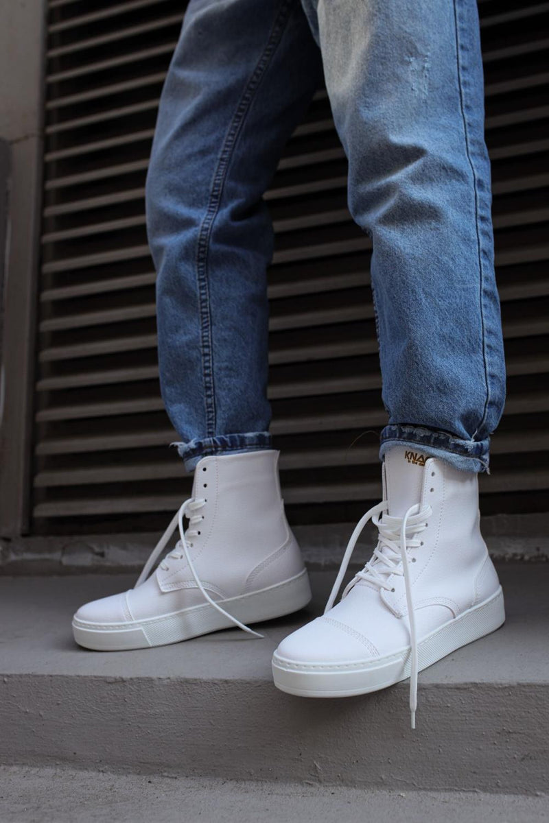 Mens Sneaker  Long Sport Military Boots 022 White - STREETMODE™