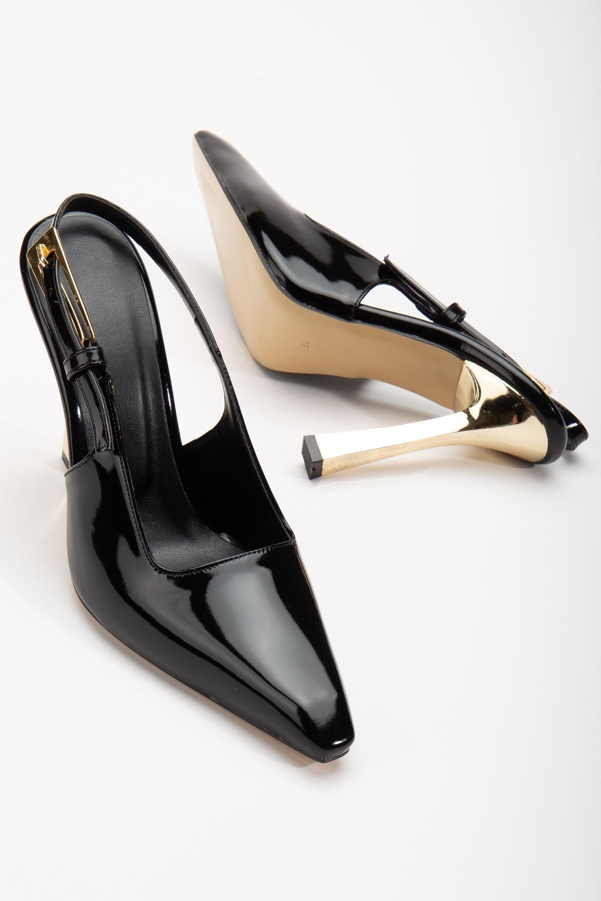 Minni Black Patent Leather Gold Detailed Blunt Toe Women's Heeled Shoes - STREETMODE™