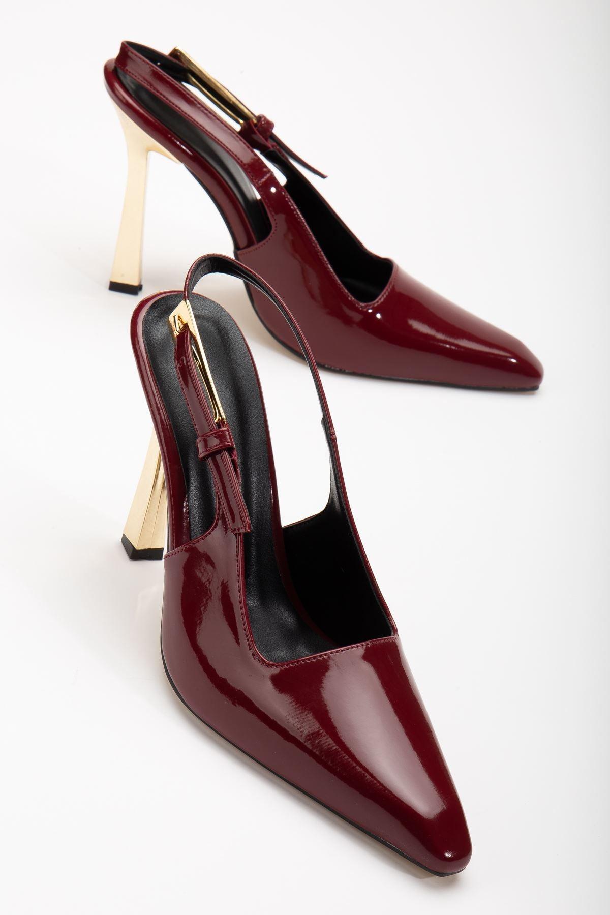 Minni Claret Red Patent Leather Gold Detailed Blunt Toe Women's Heeled Shoes - STREETMODE™