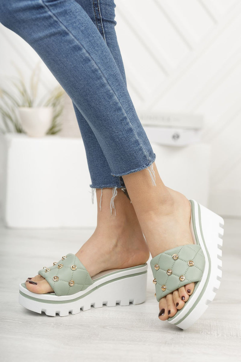 Mint Green Luxury Stone High Heel Comfortable Women's Slippers - STREETMODE™