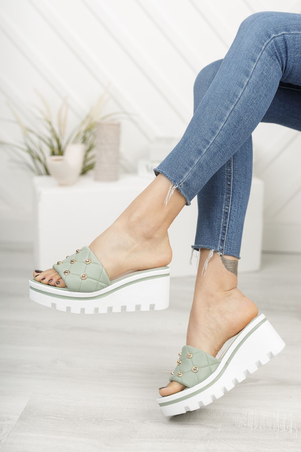 Mint Green Luxury Stone High Heel Comfortable Women's Slippers - STREETMODE™