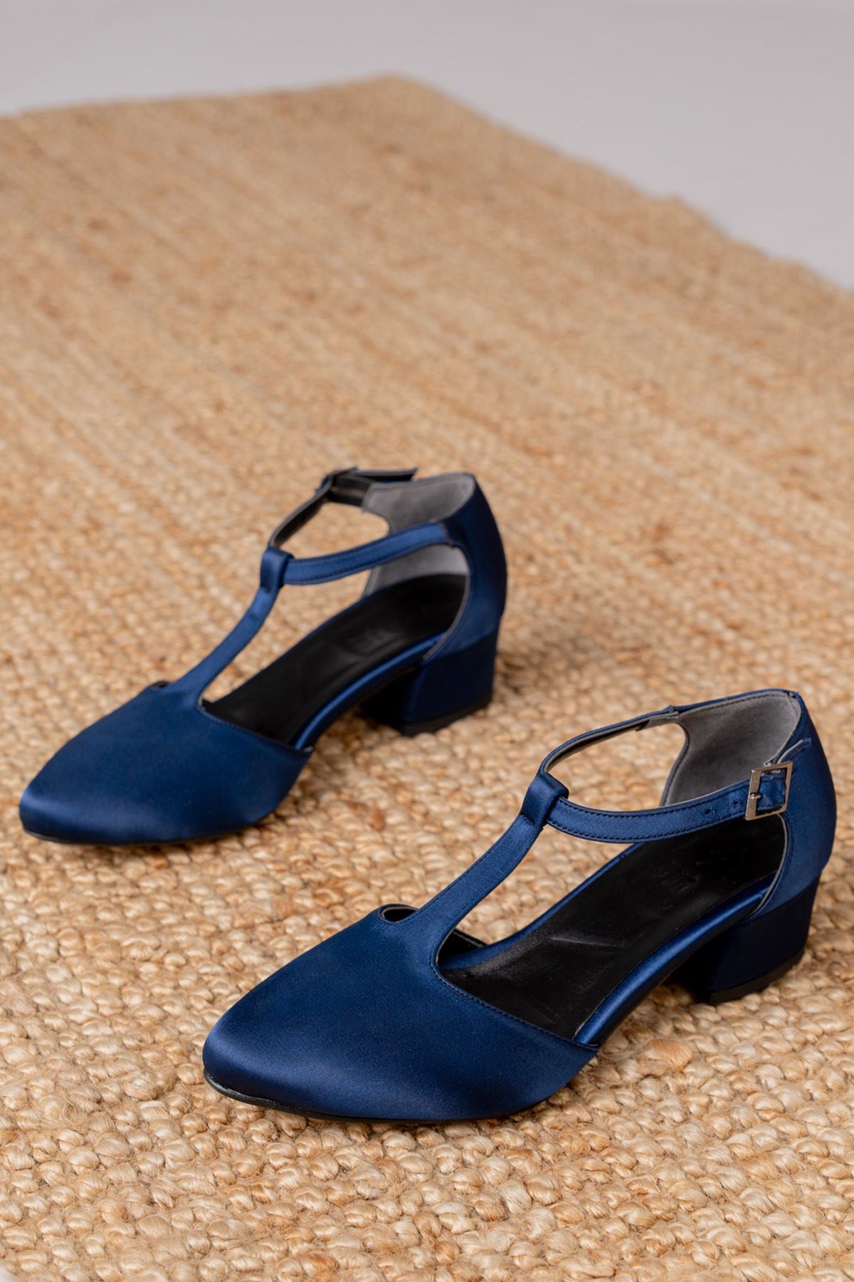 Navy Blue Satin Heeled Women's Shoes - STREETMODE™