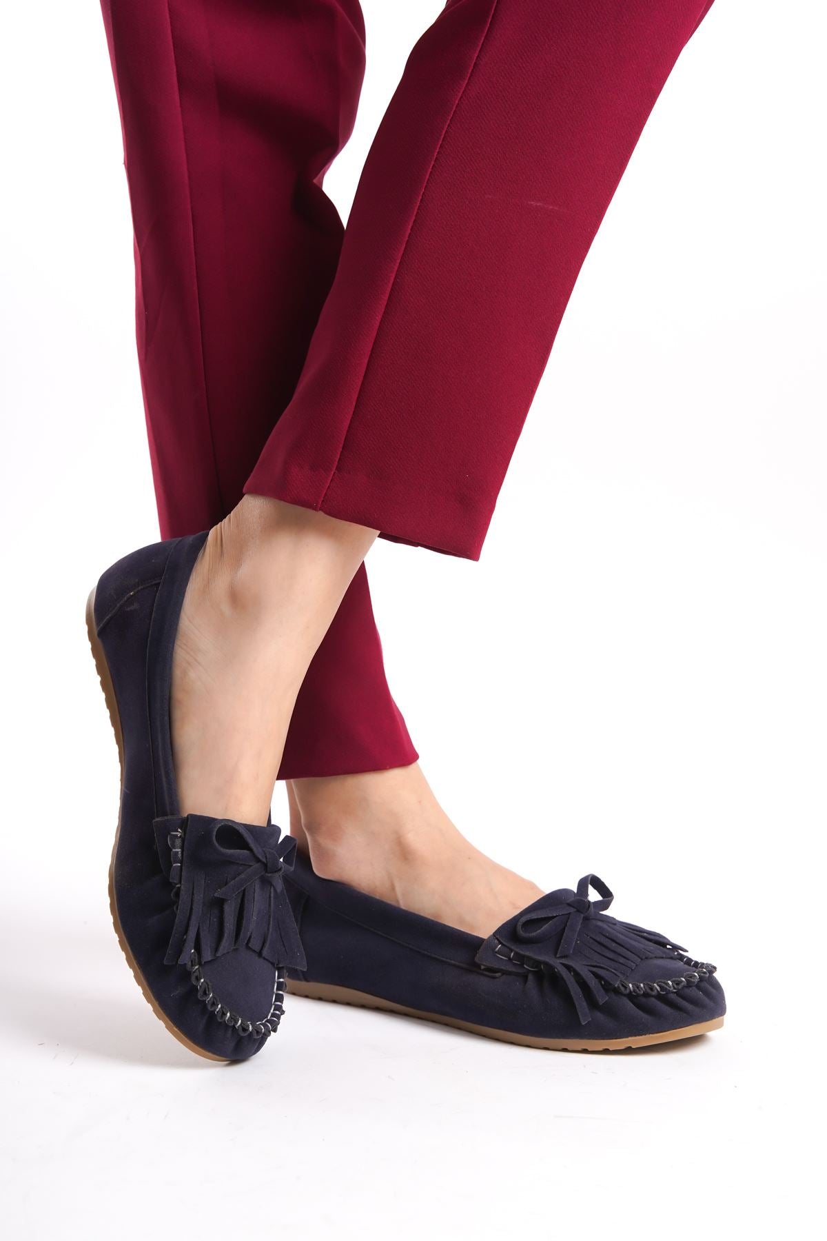 Navy Blue Suede Tasseled Casual Women's Ballerinas - STREETMODE™