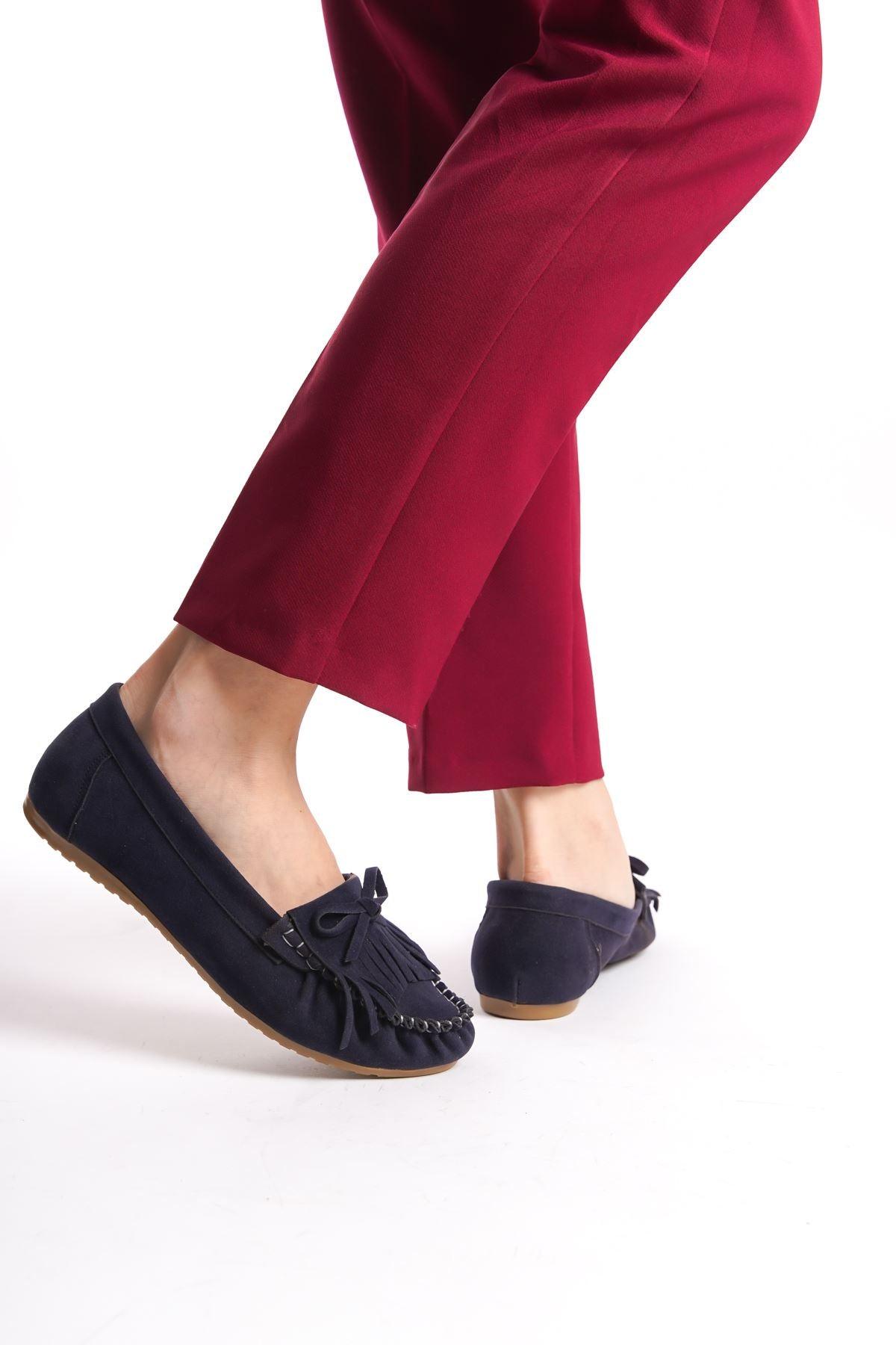 Navy Blue Suede Tasseled Casual Women's Ballerinas - STREETMODE™