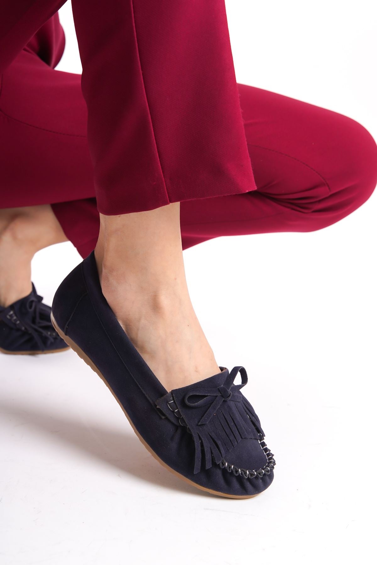 Navy Blue Suede Tasseled Casual Women's Ballerinas - STREETMODE™