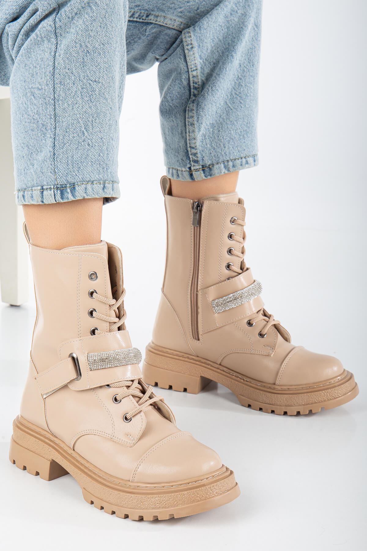 Nude Skin Stone Detailed Lace-Up Women's Boots - STREETMODE™