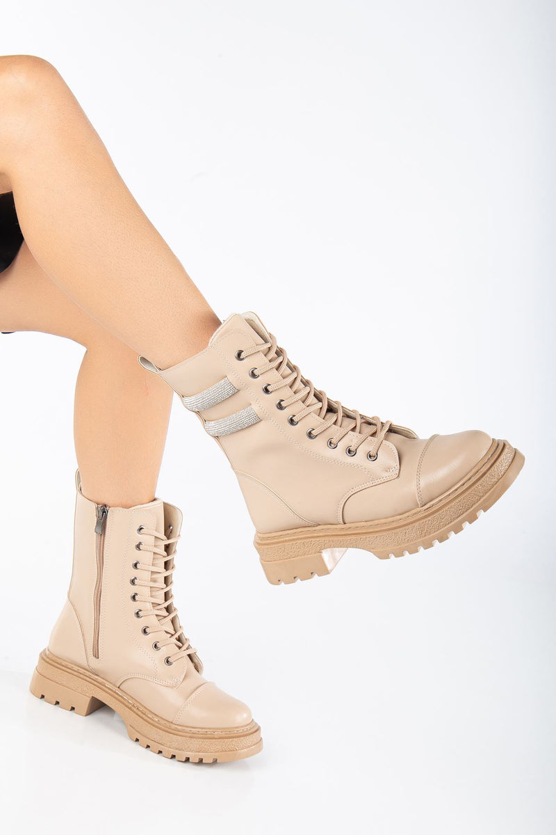 Nude Skin Stone Detailed Lace-Up Women's Boots - STREETMODE™