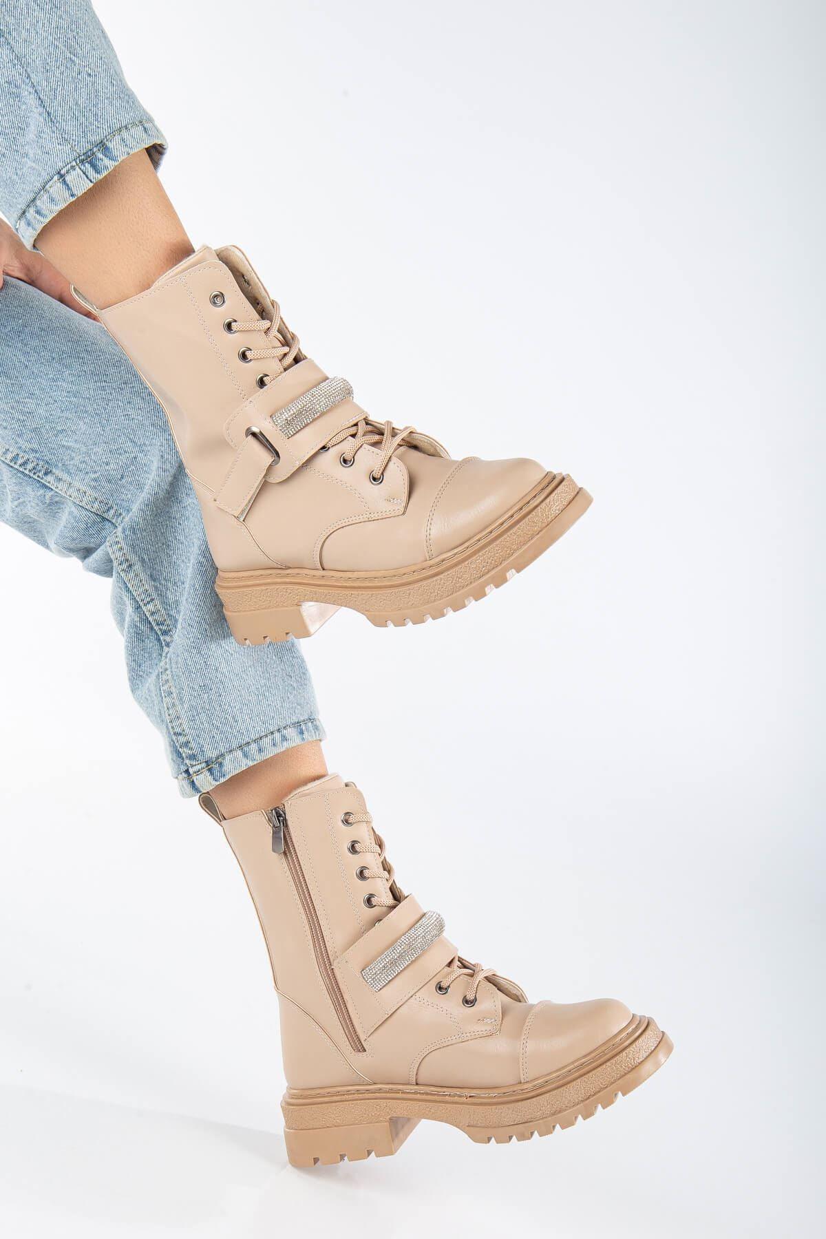 Nude Skin Stone Detailed Lace-Up Women's Boots - STREETMODE™