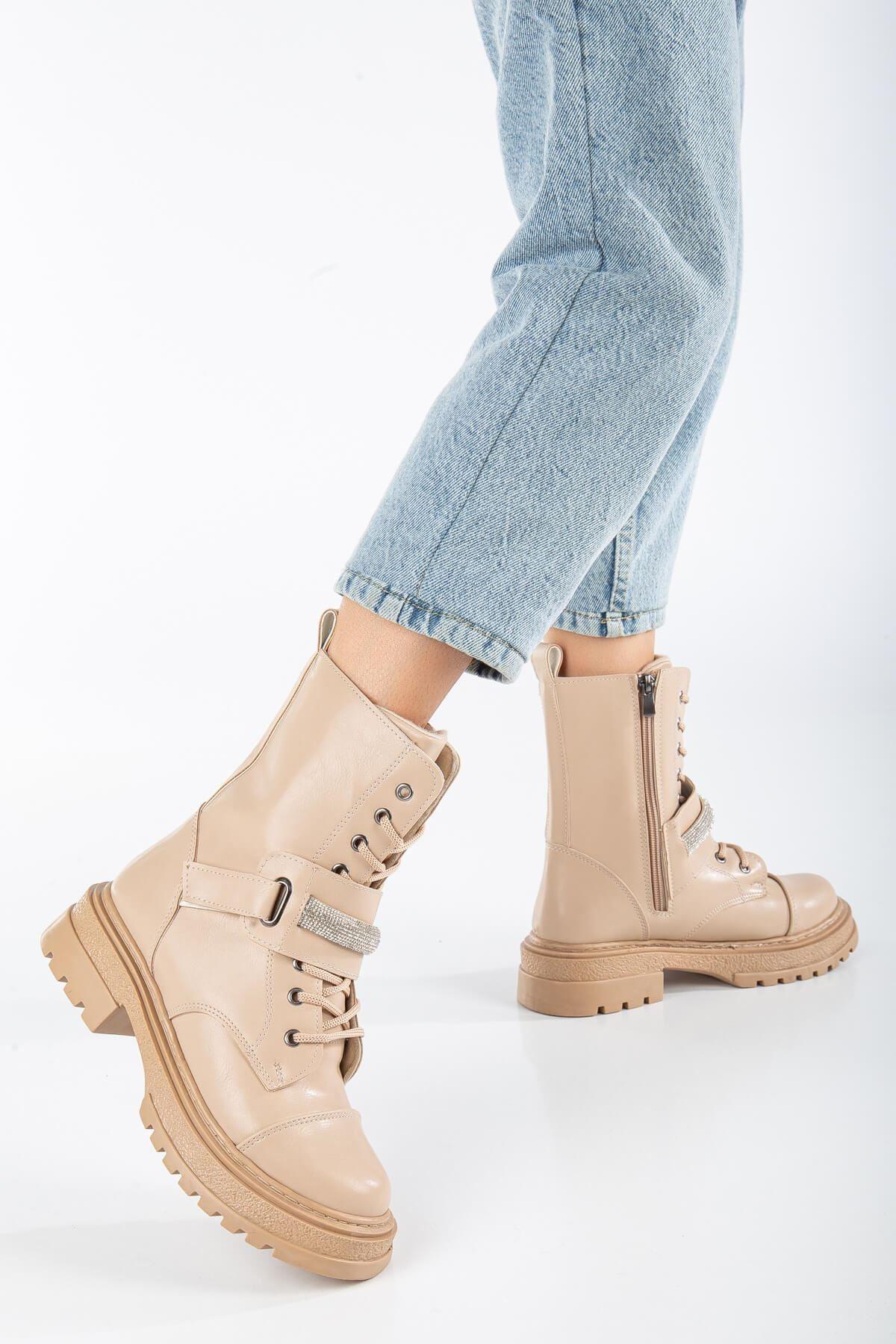 Nude Skin Stone Detailed Lace-Up Women's Boots - STREETMODE™