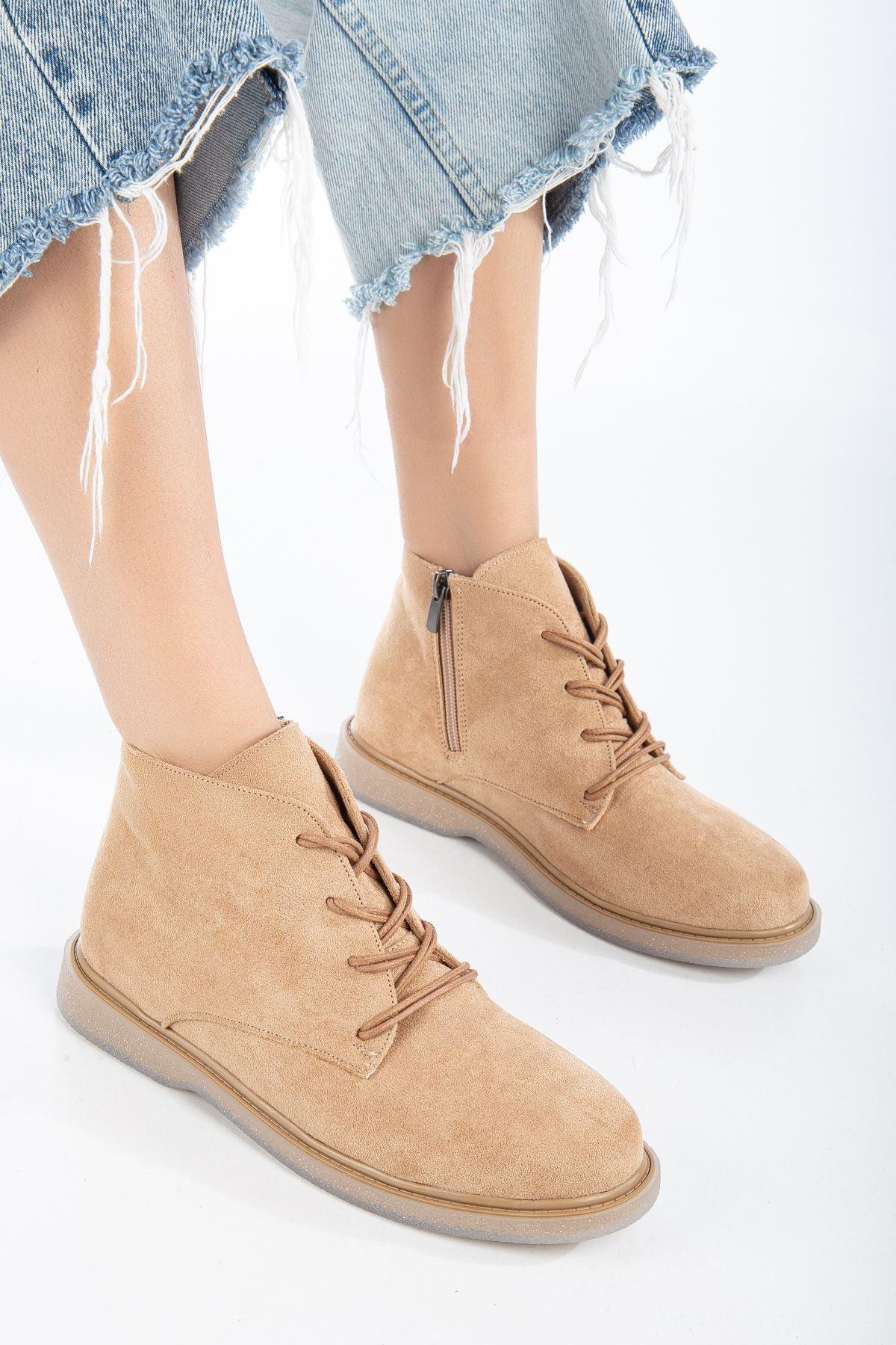 Nude Suede Lace-Up Transparent Sole Detailed Women's Boots - STREETMODE™