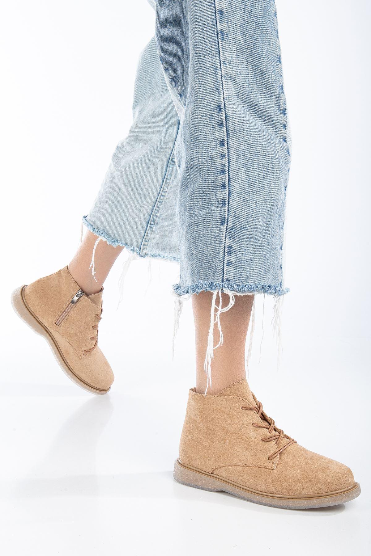 Nude Suede Lace-Up Transparent Sole Detailed Women's Boots - STREETMODE™