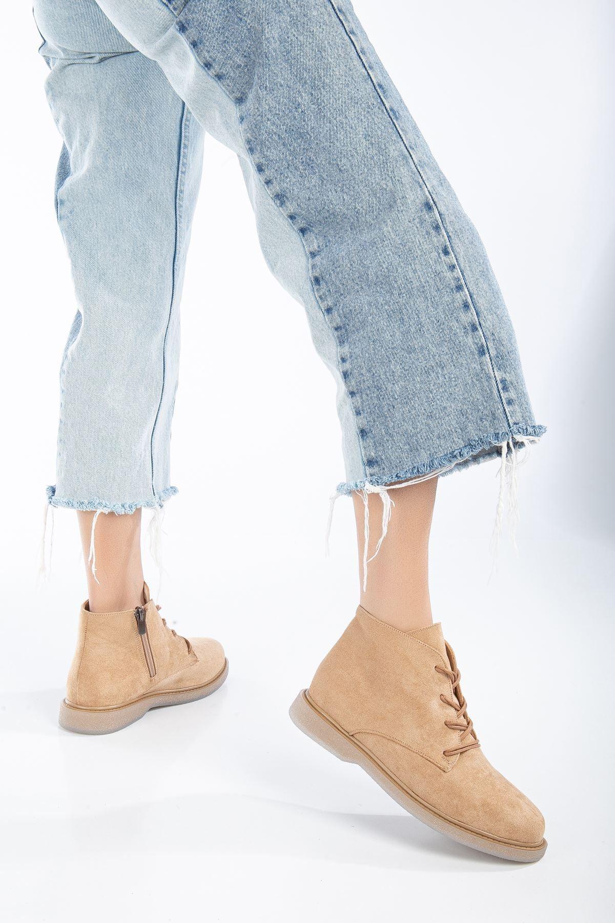 Nude Suede Lace-Up Transparent Sole Detailed Women's Boots - STREETMODE™