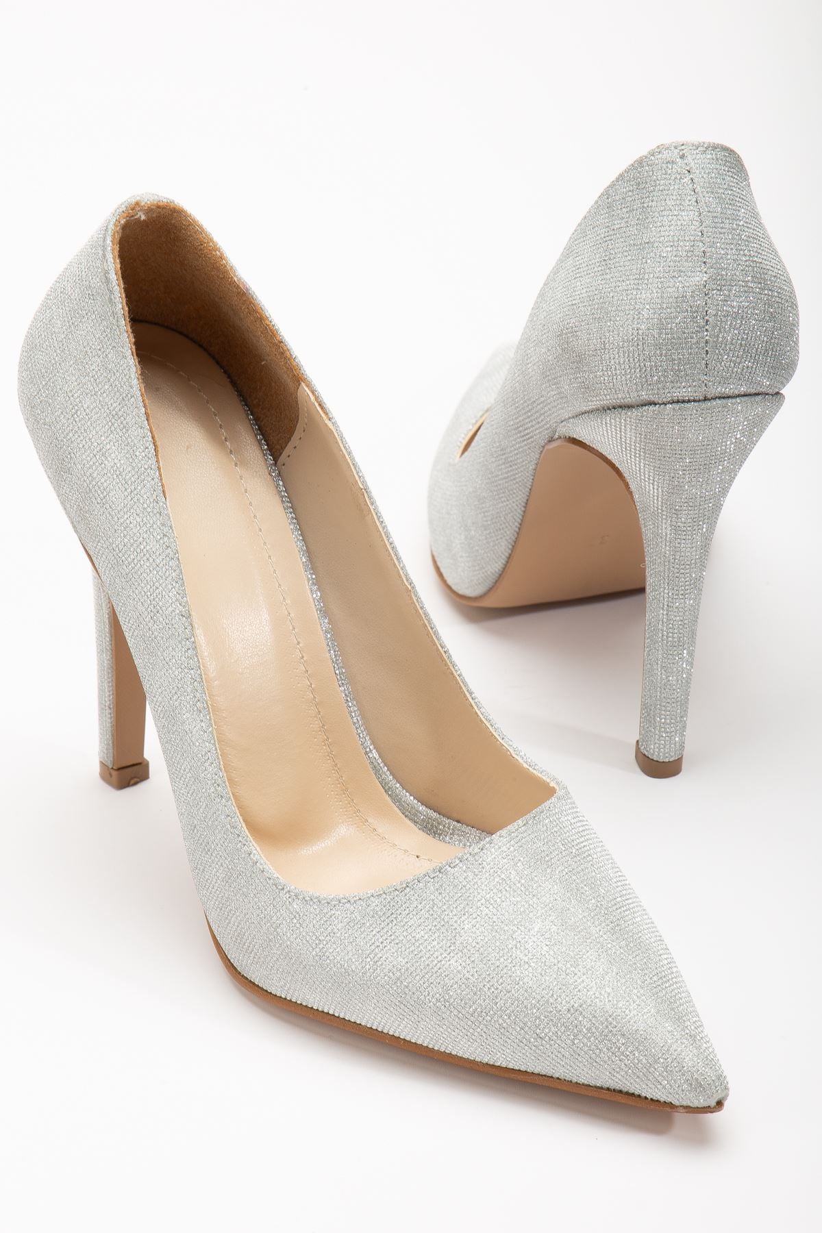 Onella Silver Glitter Pointed Low-cut Women's Heeled Shoes - STREETMODE™