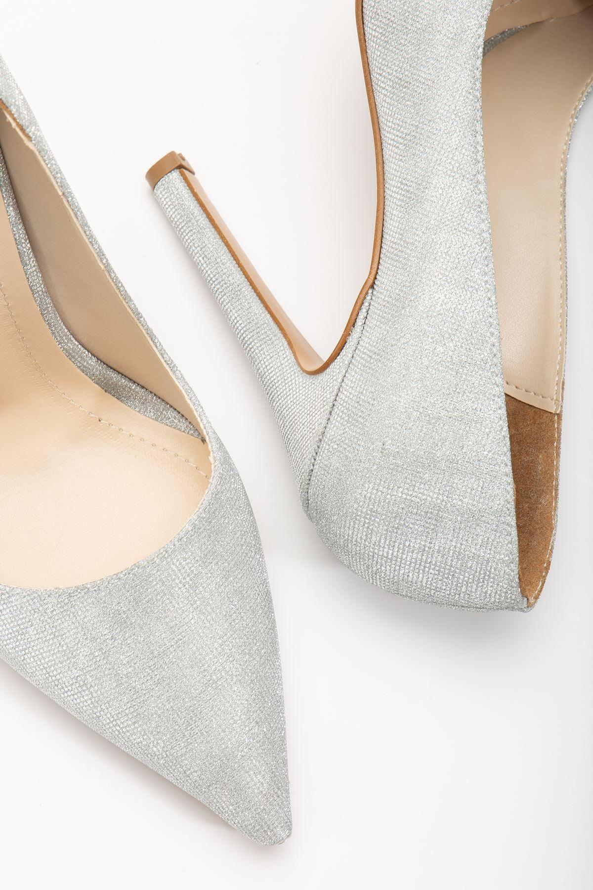 Onella Silver Glitter Pointed Low-cut Women's Heeled Shoes - STREETMODE™