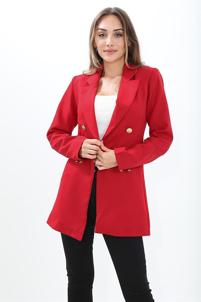 Padded Shoulders with Snap Fasteners on the Front - Women's Blazer Jacket - Red - STREETMODE™