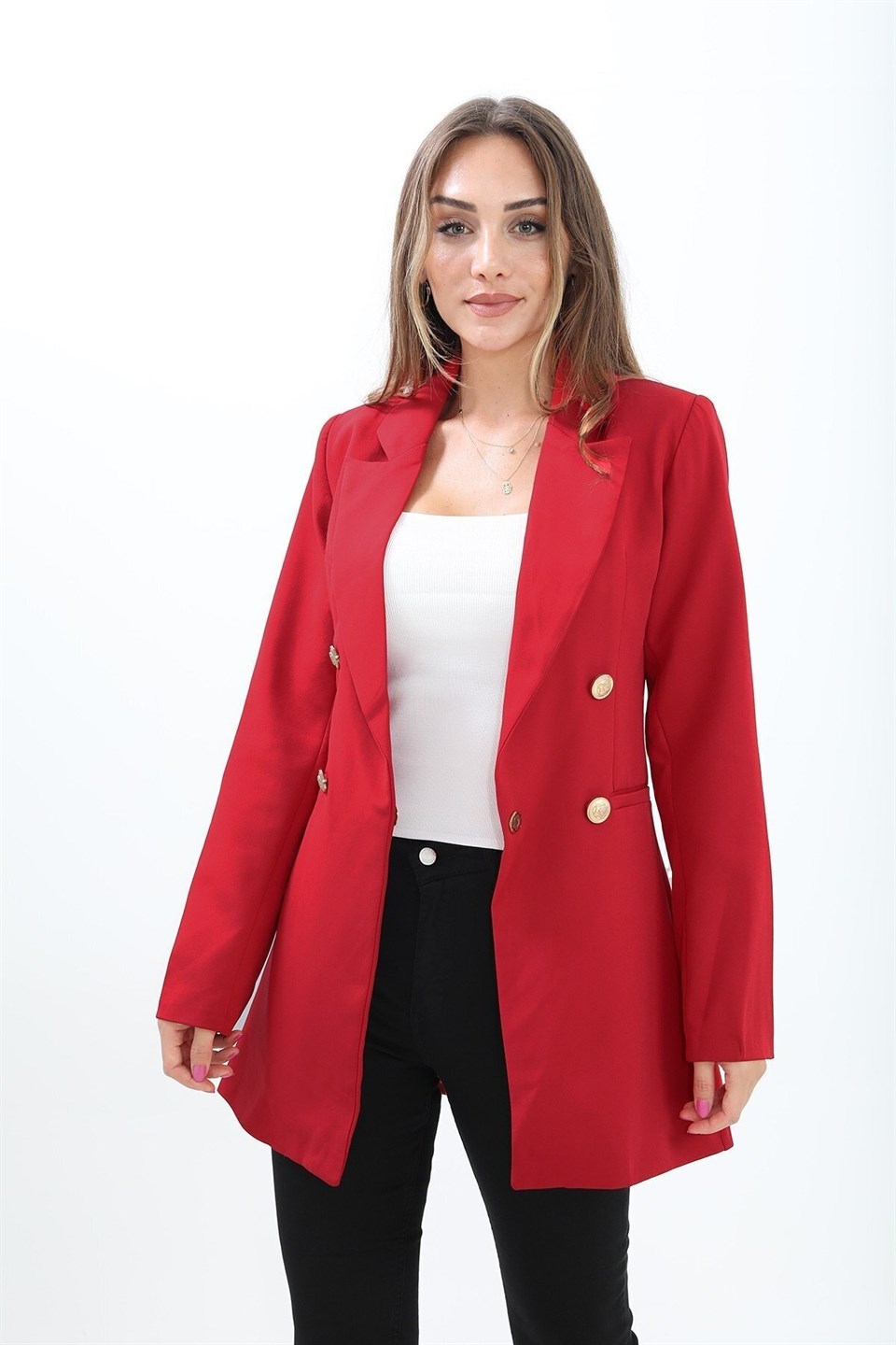 Padded Shoulders with Snap Fasteners on the Front - Women's Blazer Jacket - Red - STREETMODE™