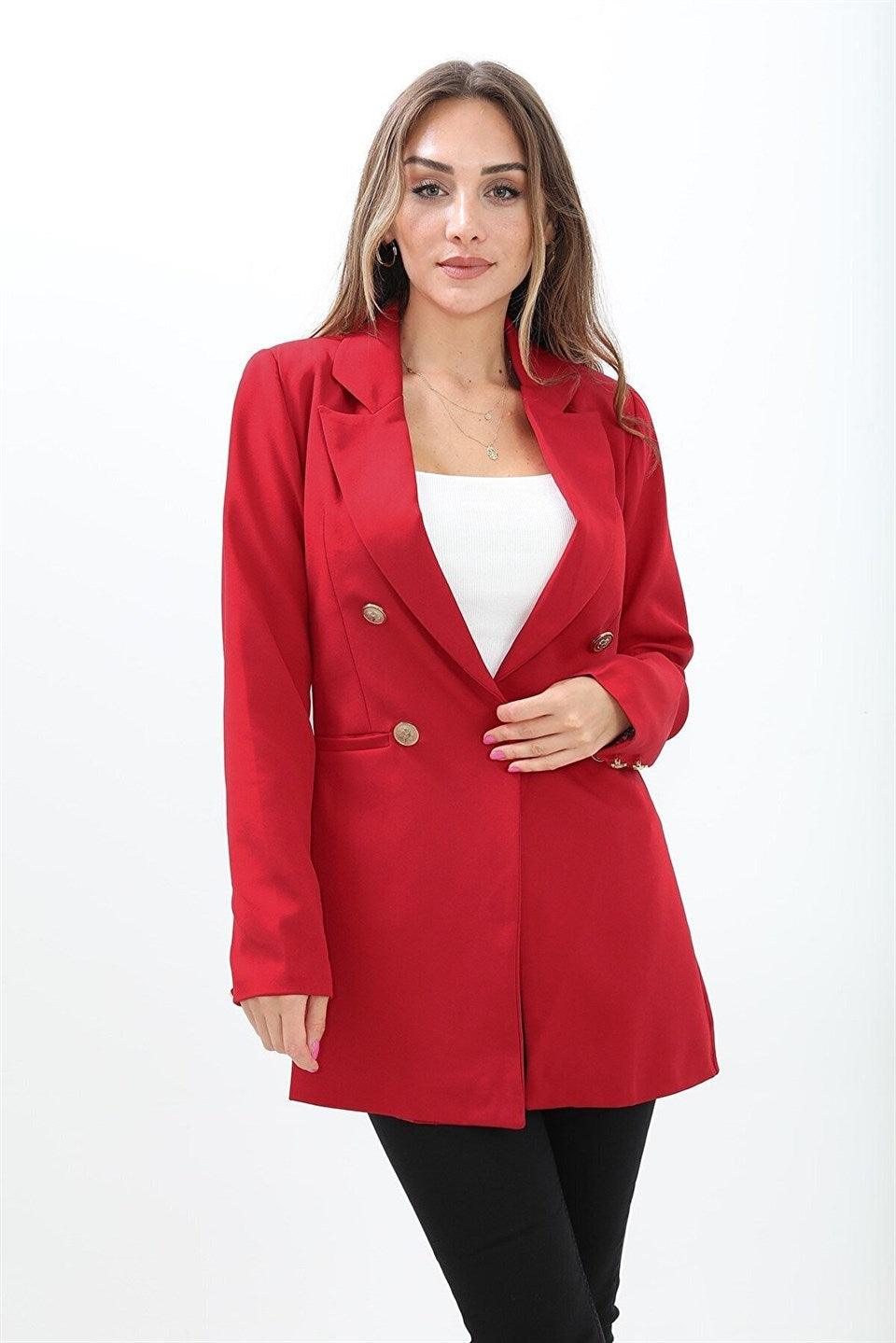 Padded Shoulders with Snap Fasteners on the Front - Women's Blazer Jacket - Red - STREETMODE™