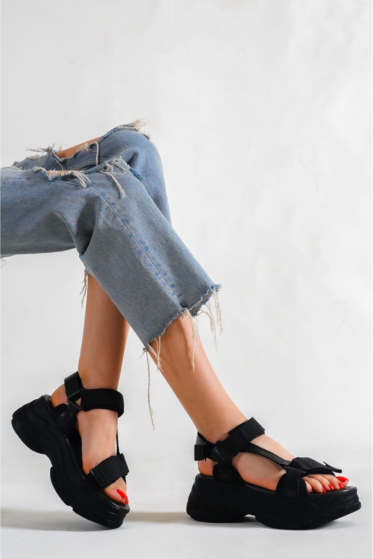 Petrika Full Black Women's Sandals with Velcro - STREETMODE™