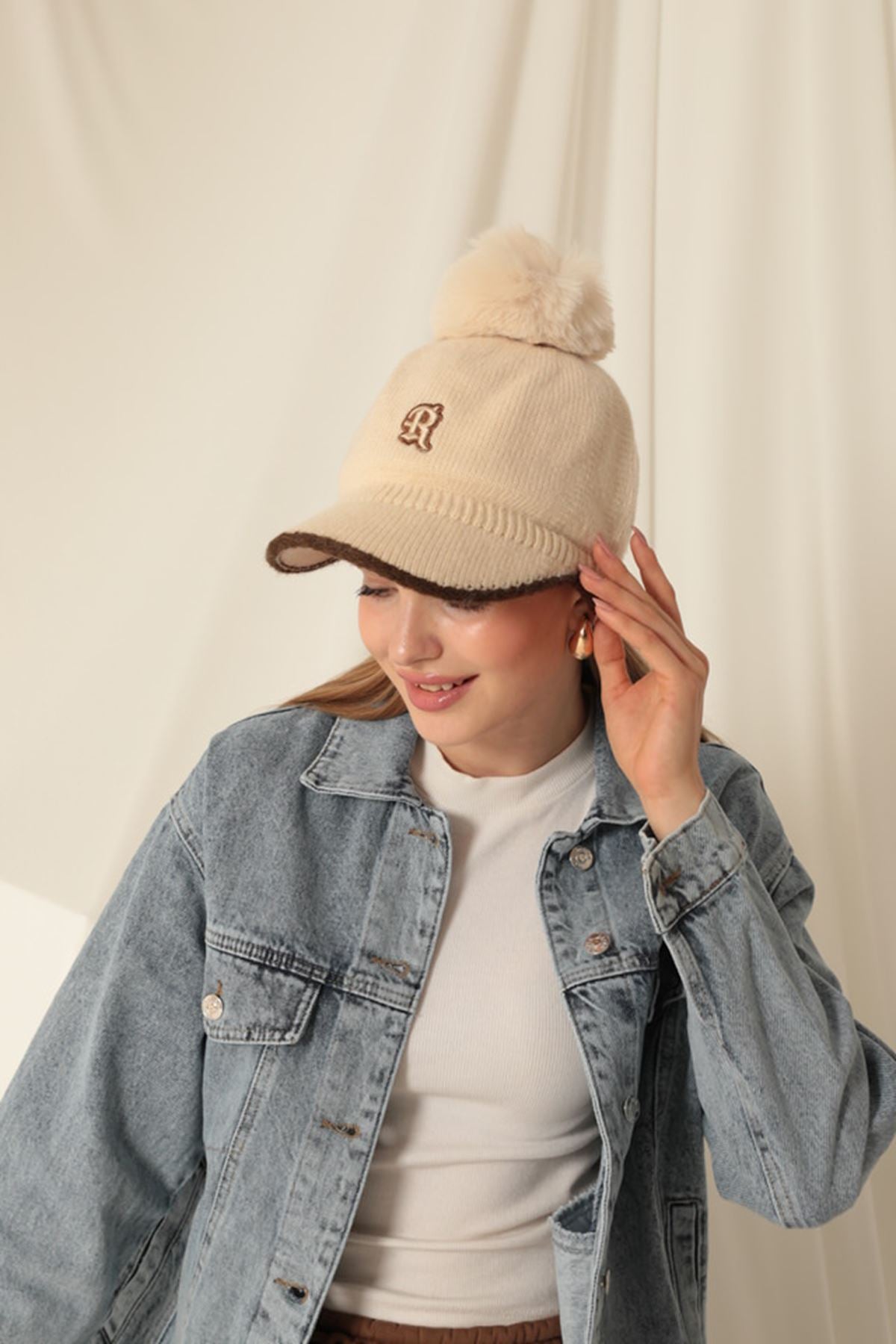 Pompom Embroidered Women's Beige Cap - STREETMODE™