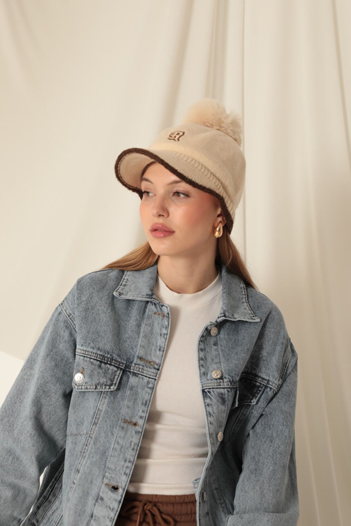 Pompom Embroidered Women's Beige Cap - STREETMODE™