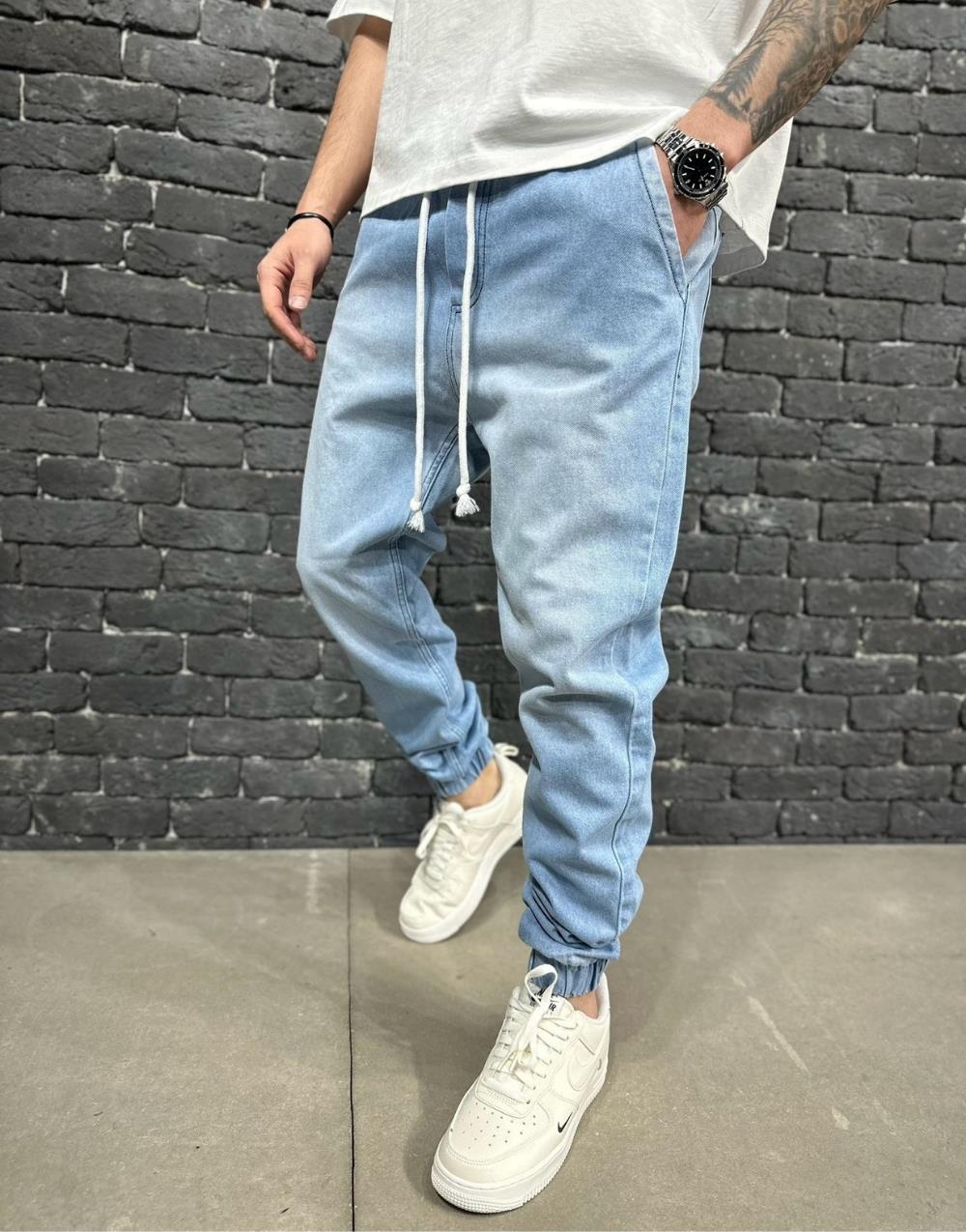 Premium Elastic Waist Cuff Ice Blue Men's Jeans - STREETMODE™