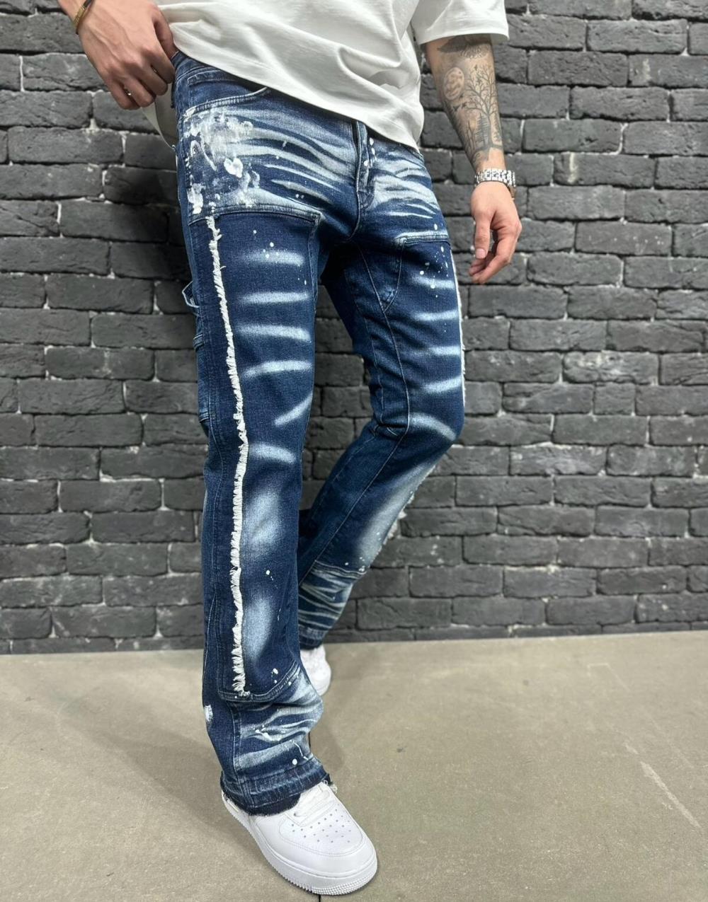 Premium Mens Distressed Patchwork Splash Baggy Jeans - STREETMODE™