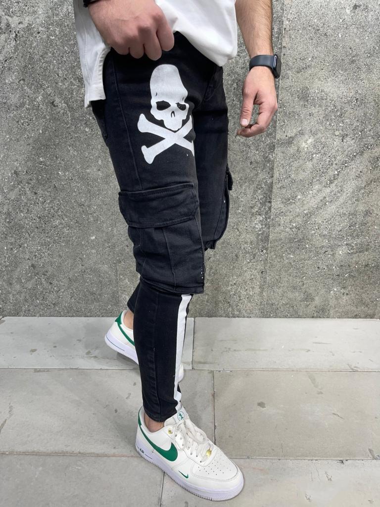 Premium Skull Line Printed Slim Fit Denim Jeans Black - STREETMODE™