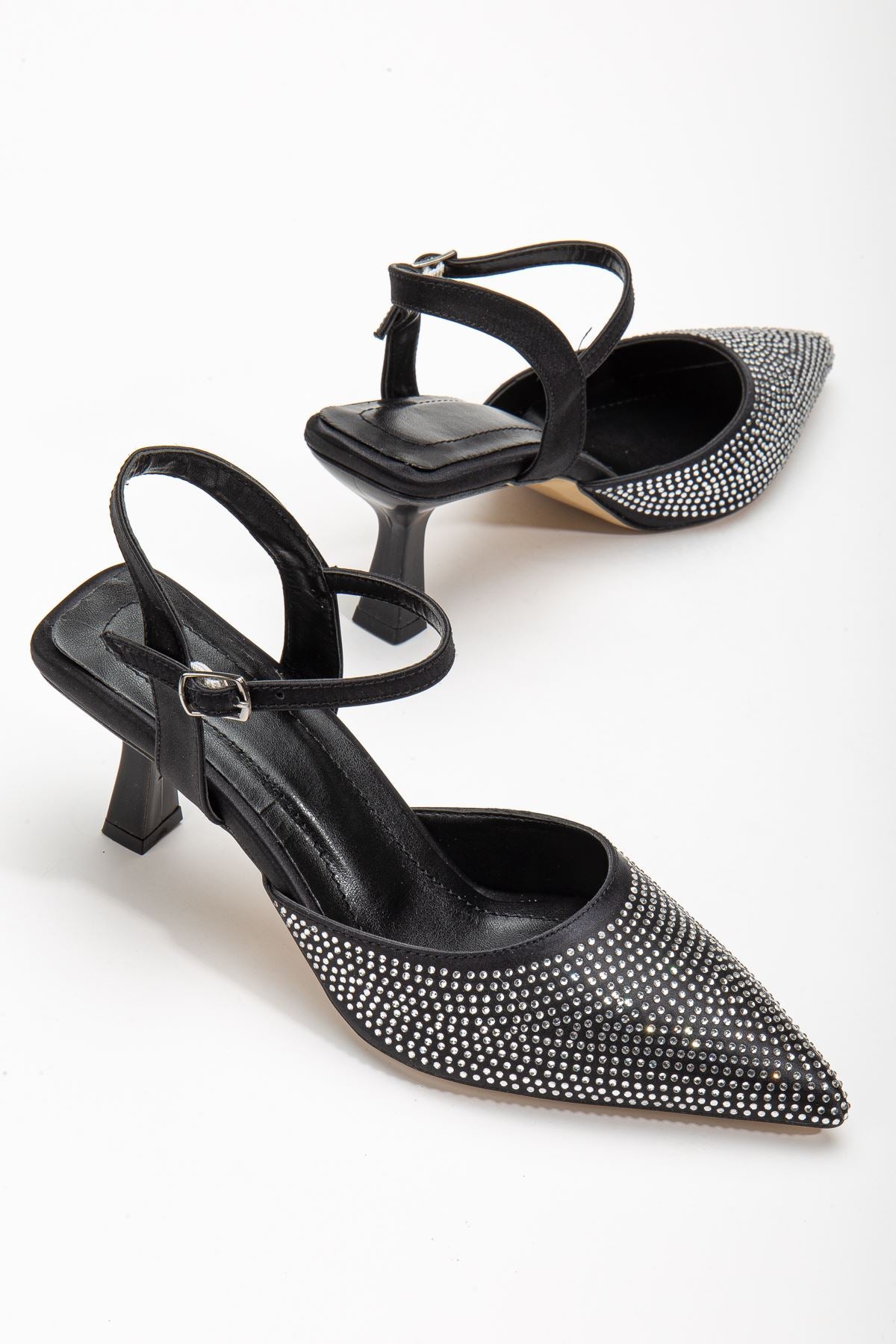 Sinda Black Satin Stone Detailed Thin Heeled Women's Shoes - STREETMODE™