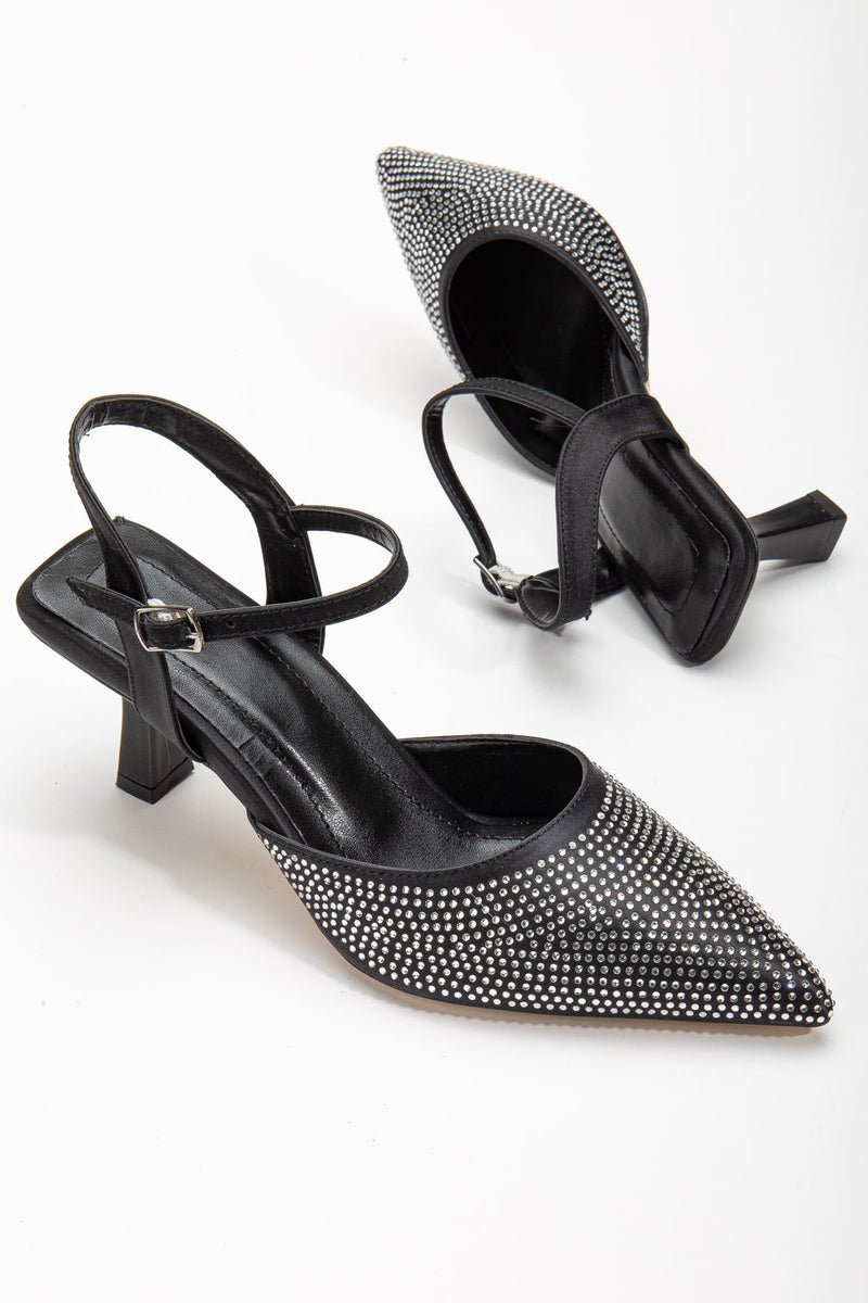 Sinda Black Satin Stone Detailed Thin Heeled Women's Shoes - STREETMODE™