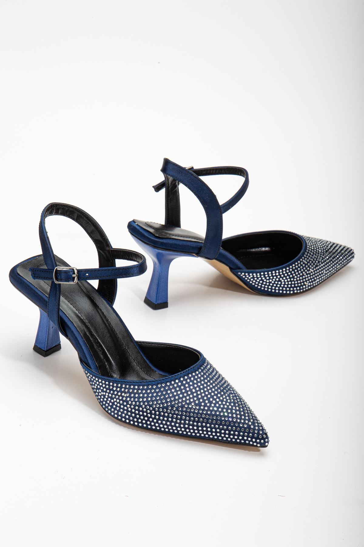 Sinda Navy Blue Satin Stone Detailed Thin Heeled Women's Shoes - STREETMODE™