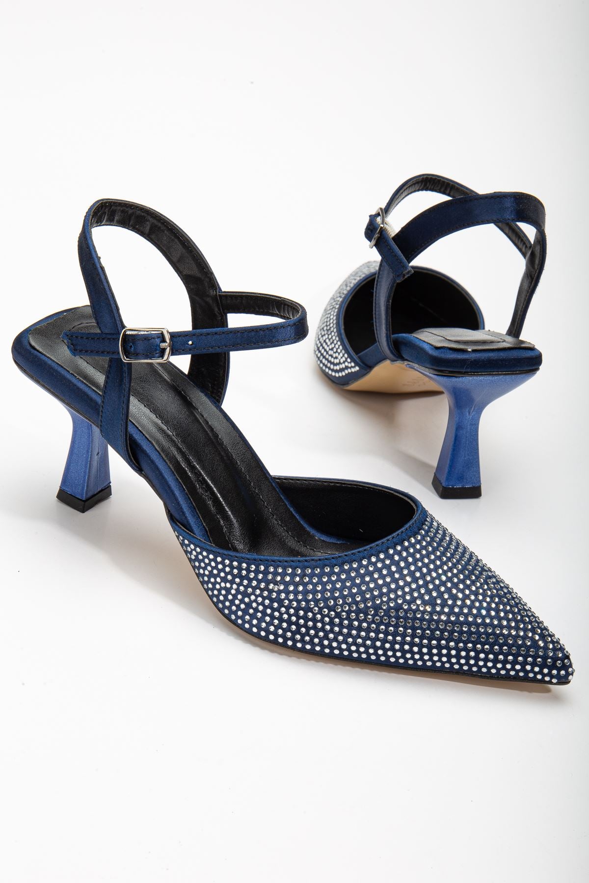 Sinda Navy Blue Satin Stone Detailed Thin Heeled Women's Shoes - STREETMODE™