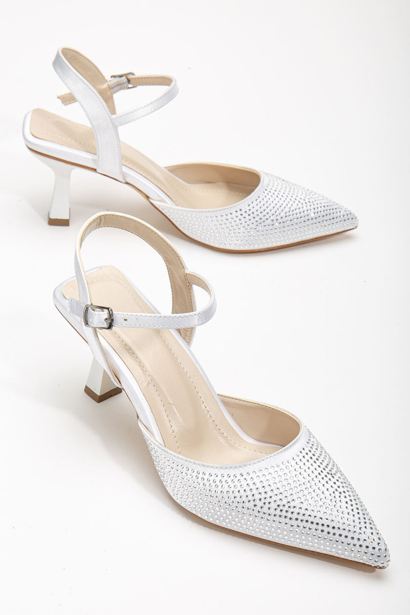 Sinda White Satin Stone Detailed Thin Heeled Women's Shoes - STREETMODE™