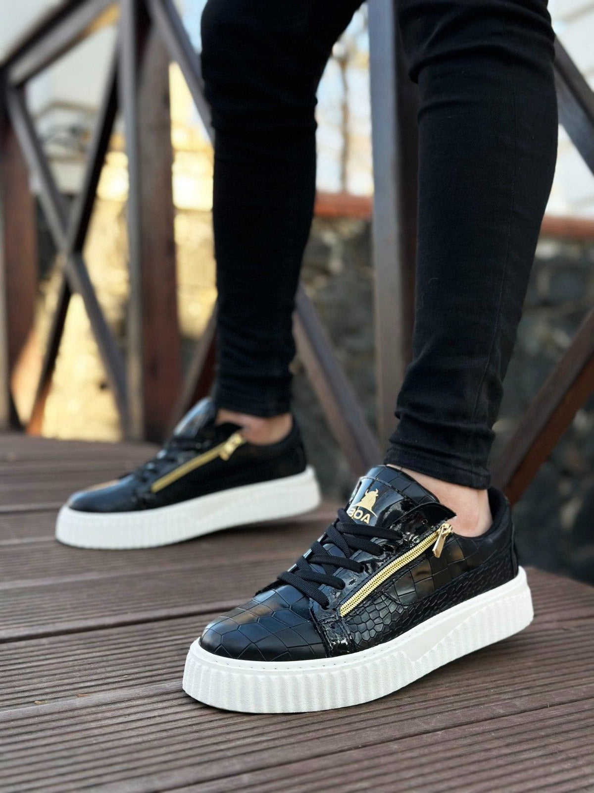 SNR-308 BOA Thick High Sole Double Zipper Black White Men's Sneakers Shoes - STREETMODE™