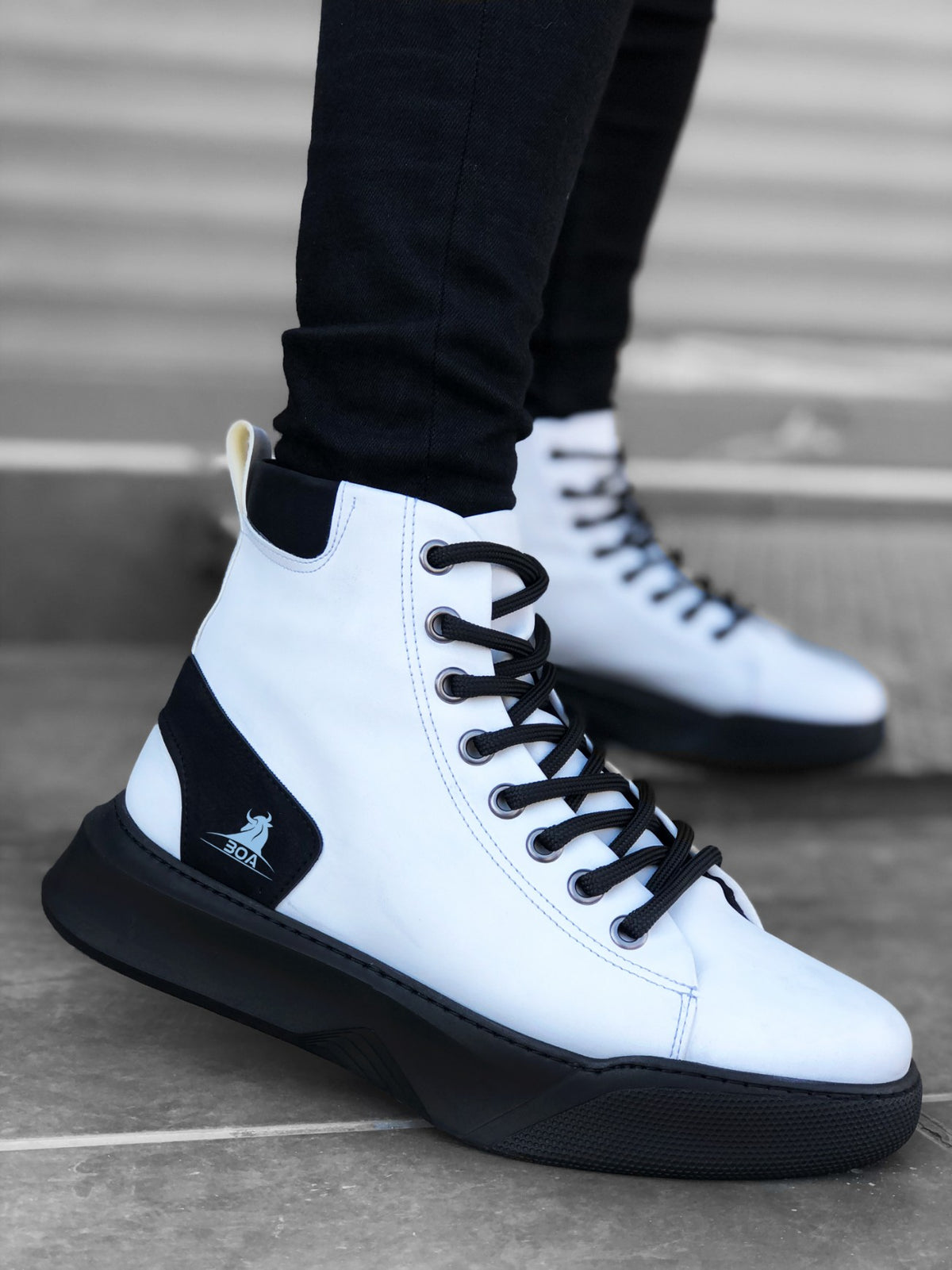 BA0155 Lace-Up Men's High Sole White Black Sole Sport Boots - STREETMODE™