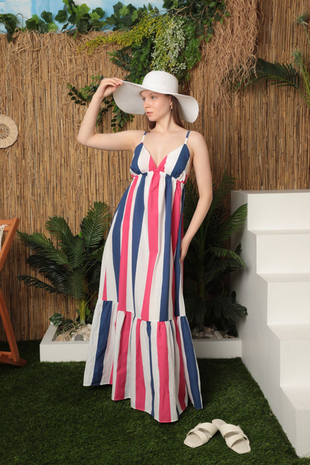 Terikoton Fabric Colorful Striped Women's Maxi Dress-Fuchsia - STREETMODE™