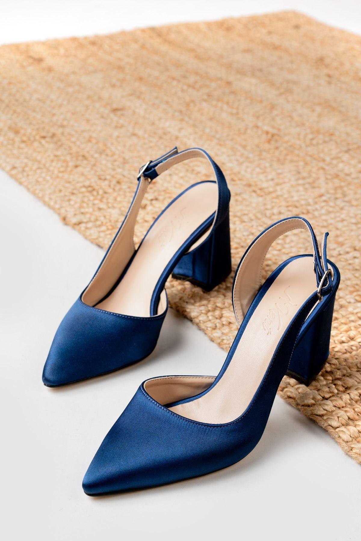 Tonia Navy Blue Satin Heeled Women's Shoes - STREETMODE™