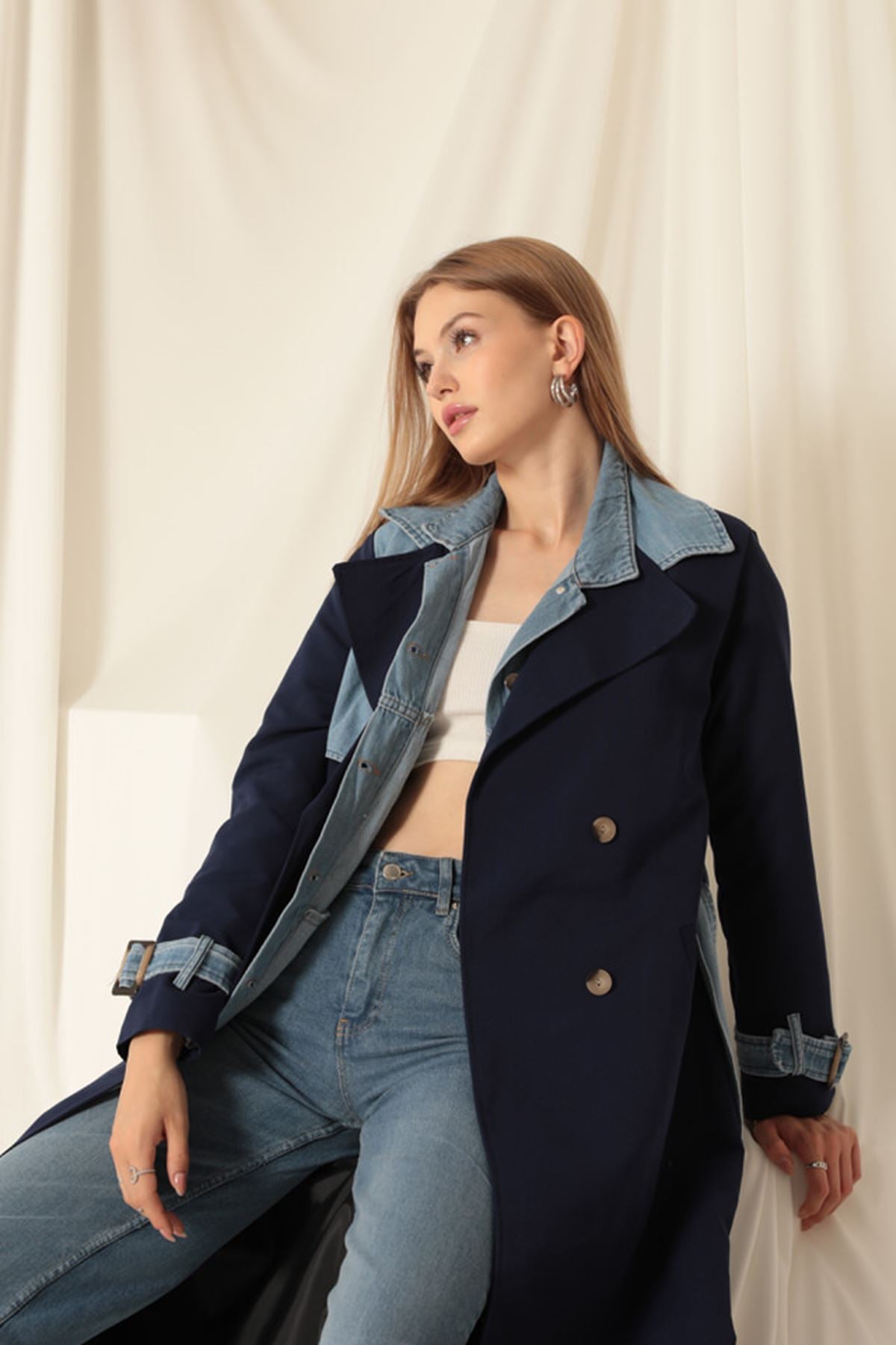 Torino Fabric Women's Navy Blue Trench Coat - STREETMODE™