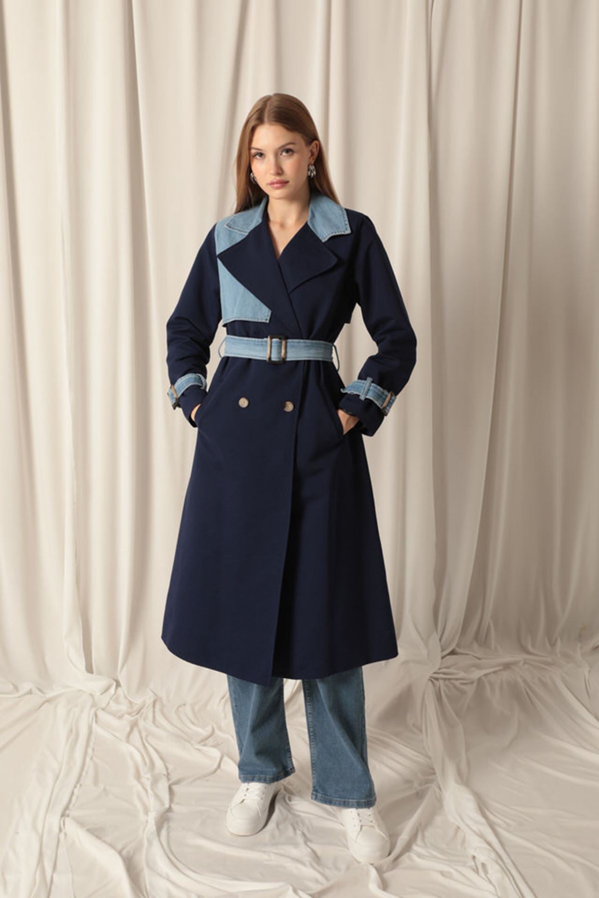 Torino Fabric Women's Navy Blue Trench Coat - STREETMODE™