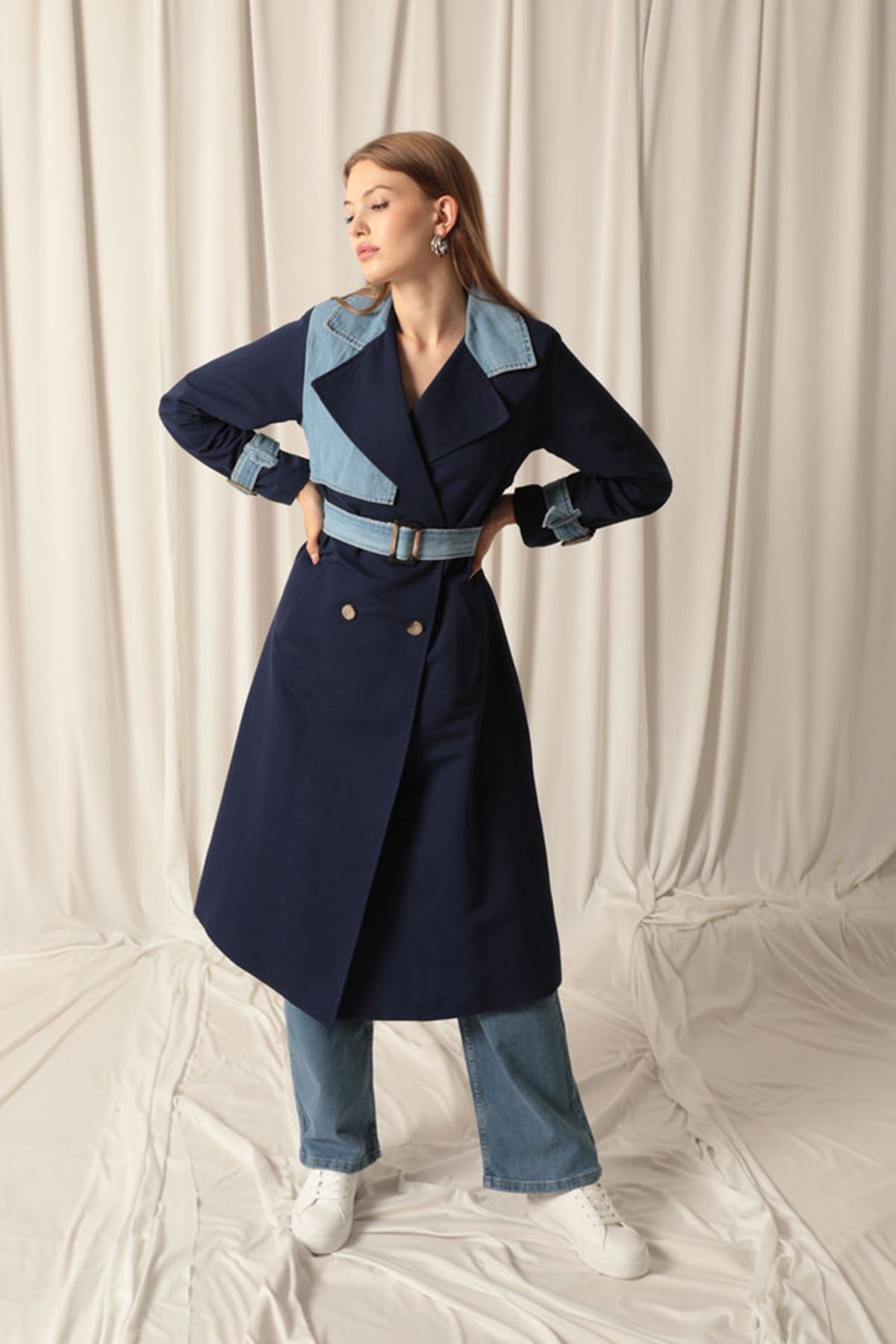 Torino Fabric Women's Navy Blue Trench Coat - STREETMODE™