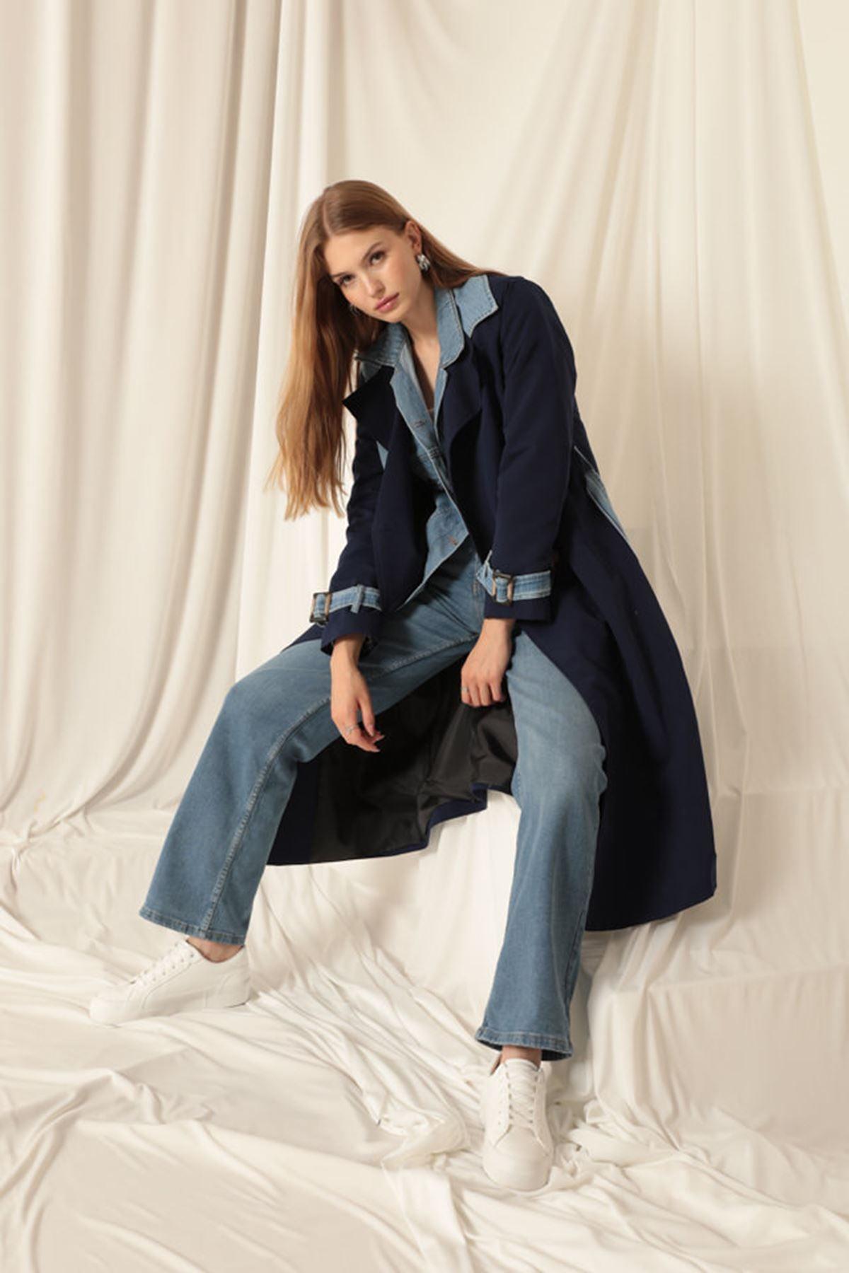 Torino Fabric Women's Navy Blue Trench Coat - STREETMODE™