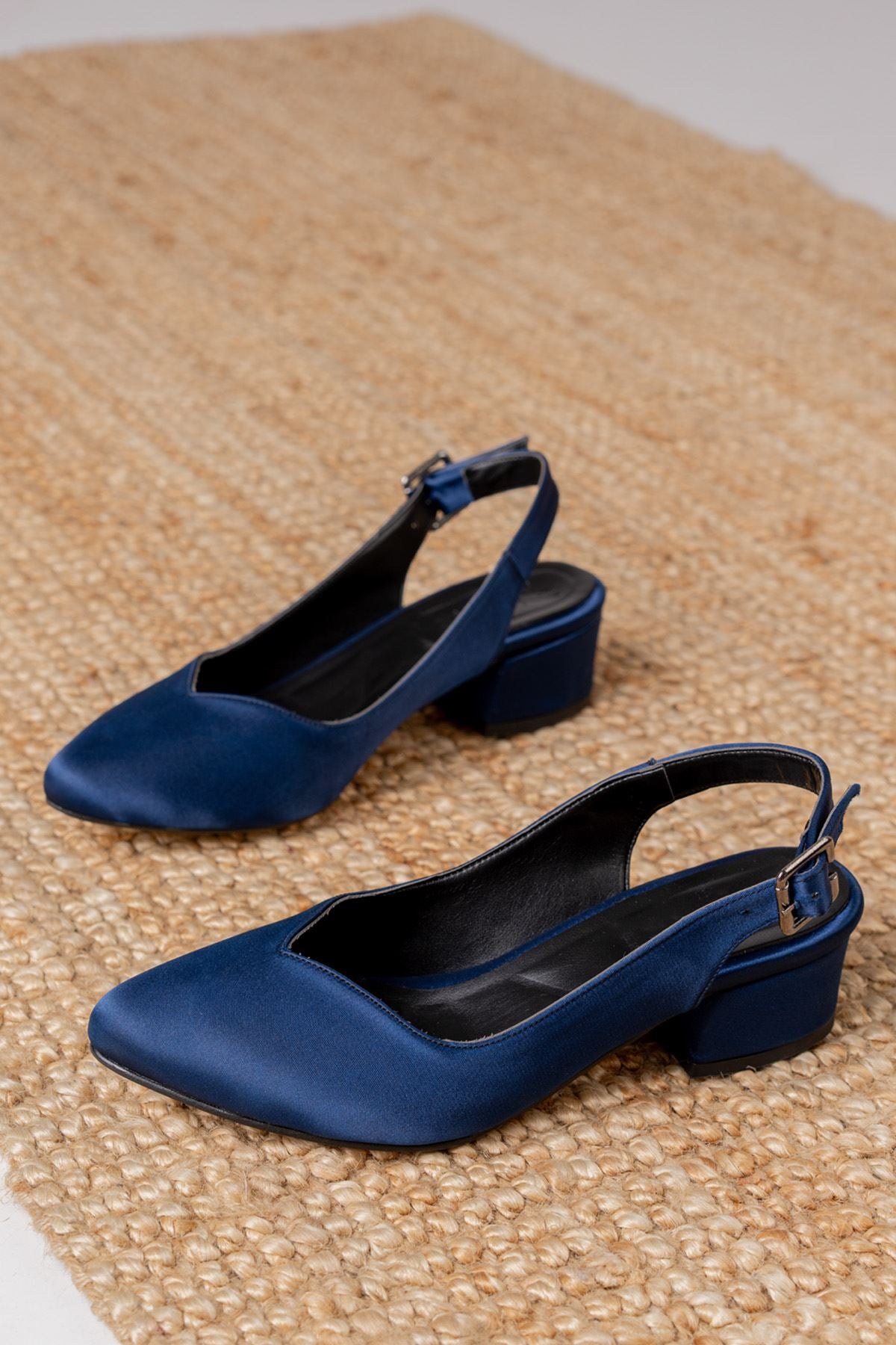 Valentina Navy Blue Satin Heels Women's Shoes - STREETMODE™